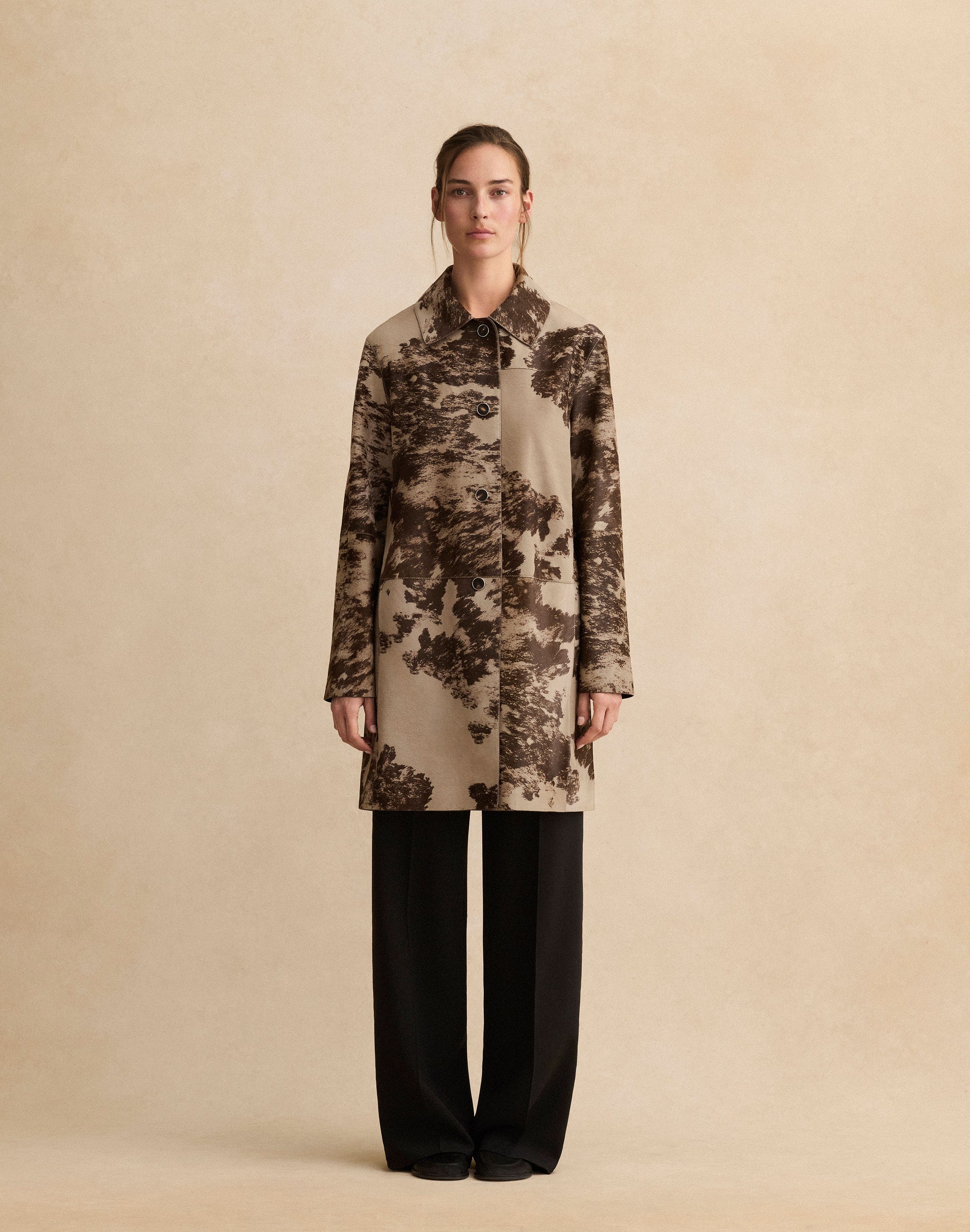 Printed Calf Hair Leather Trim Coat