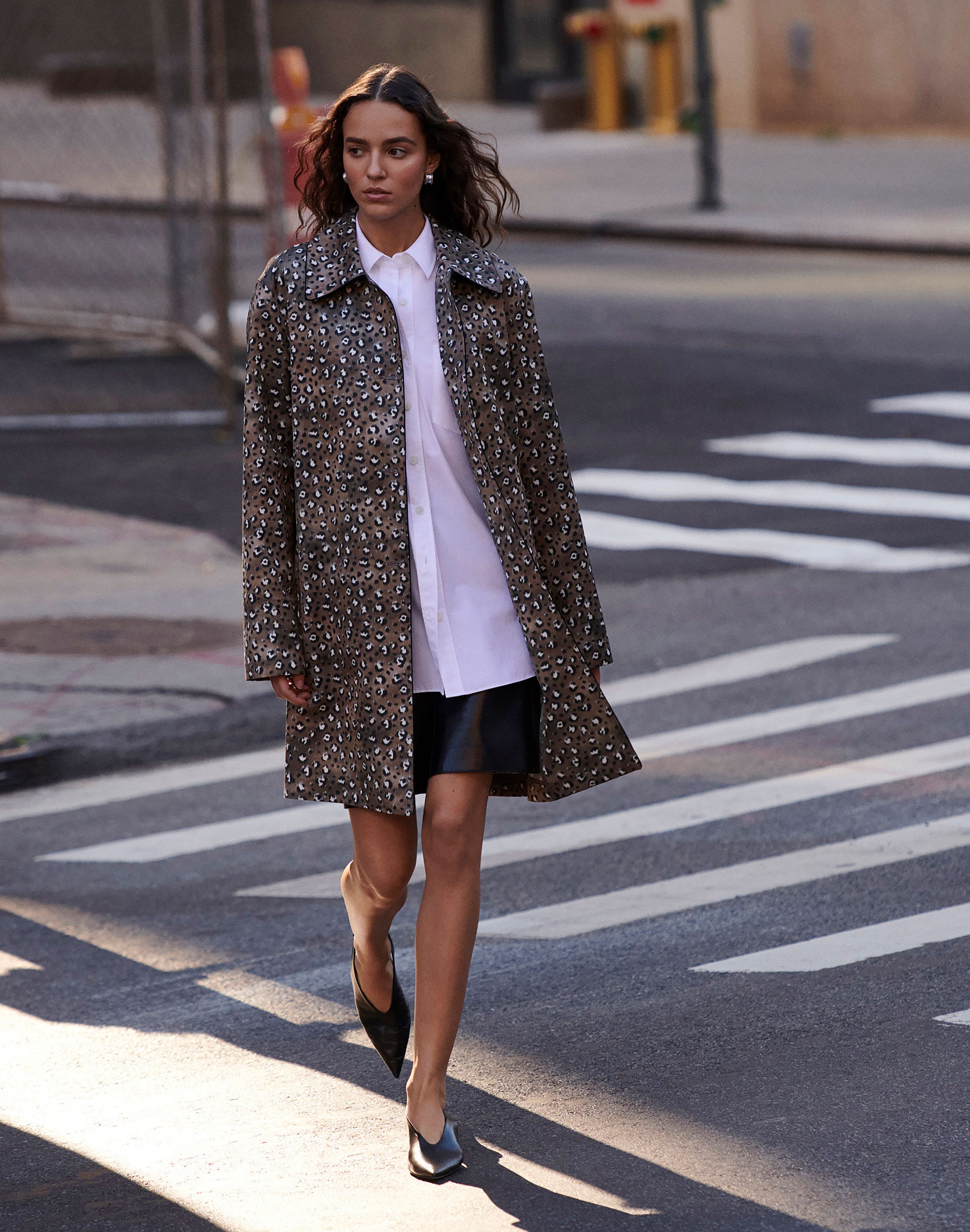 Leopard Print Twill Coat and Leather Mini Skirt