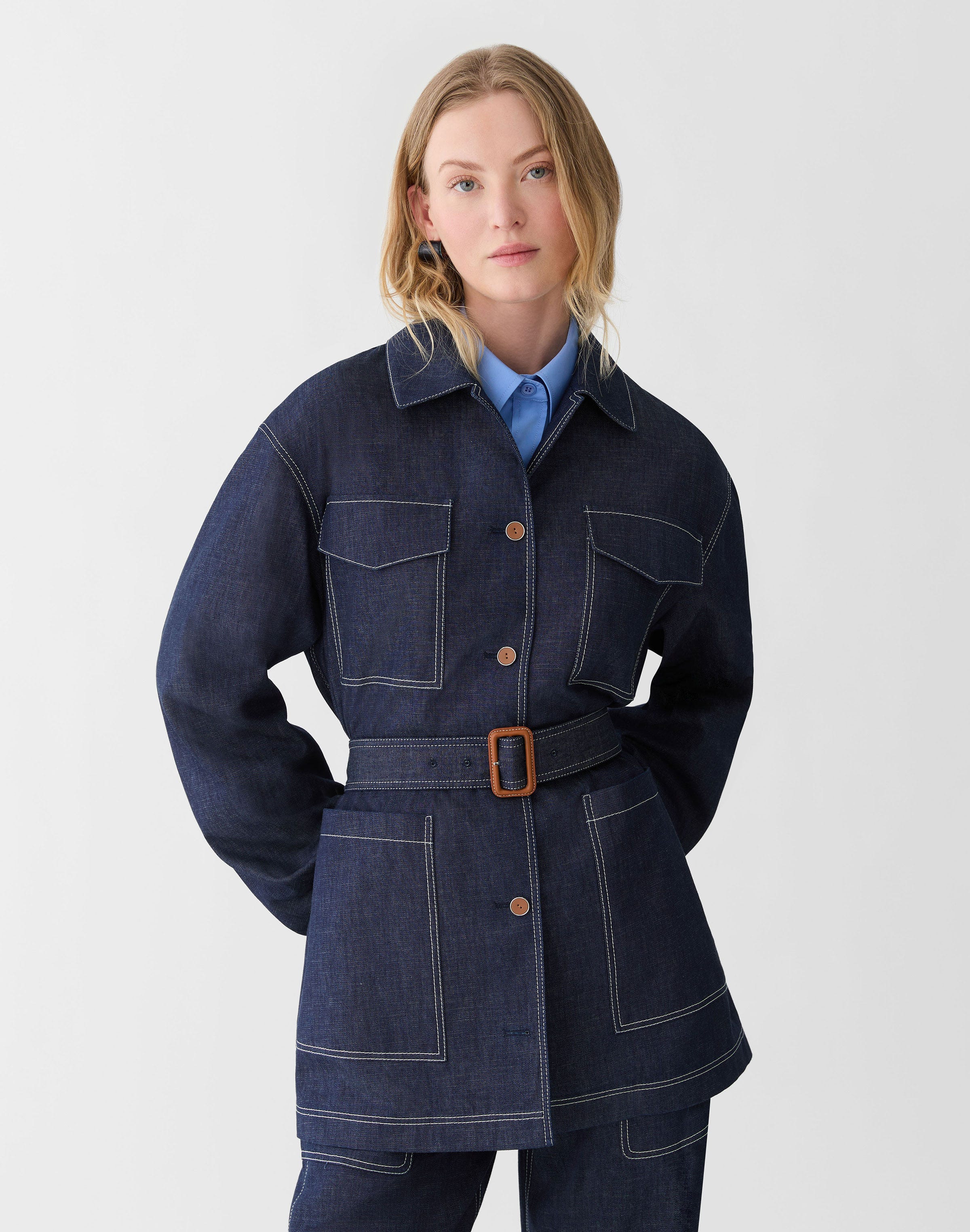Chambray Patch Pocket Belted Jacket