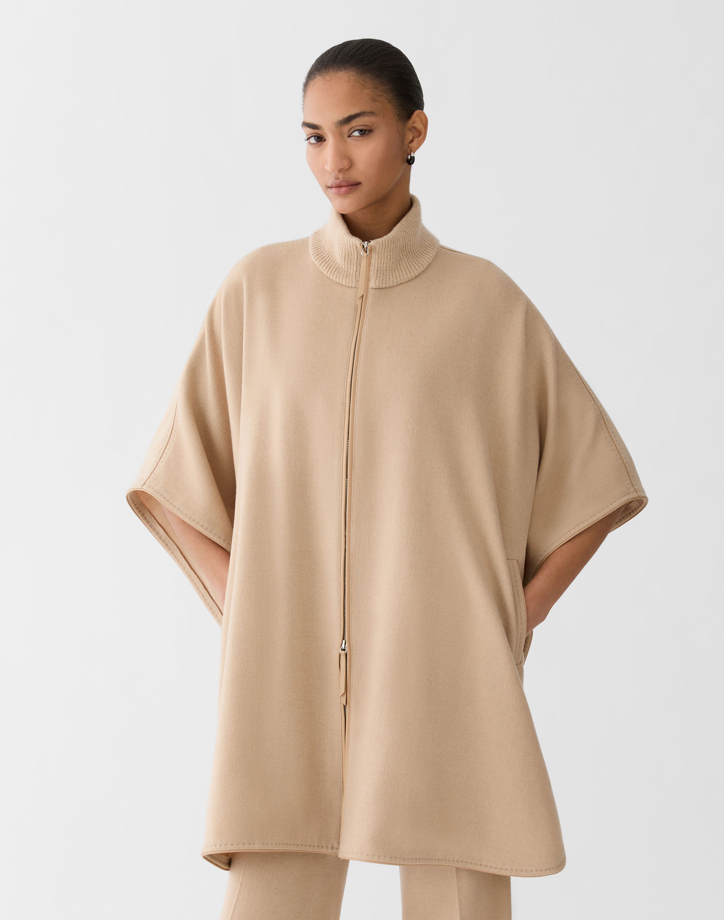 Camel Hair Knit Collar Oversized Cape