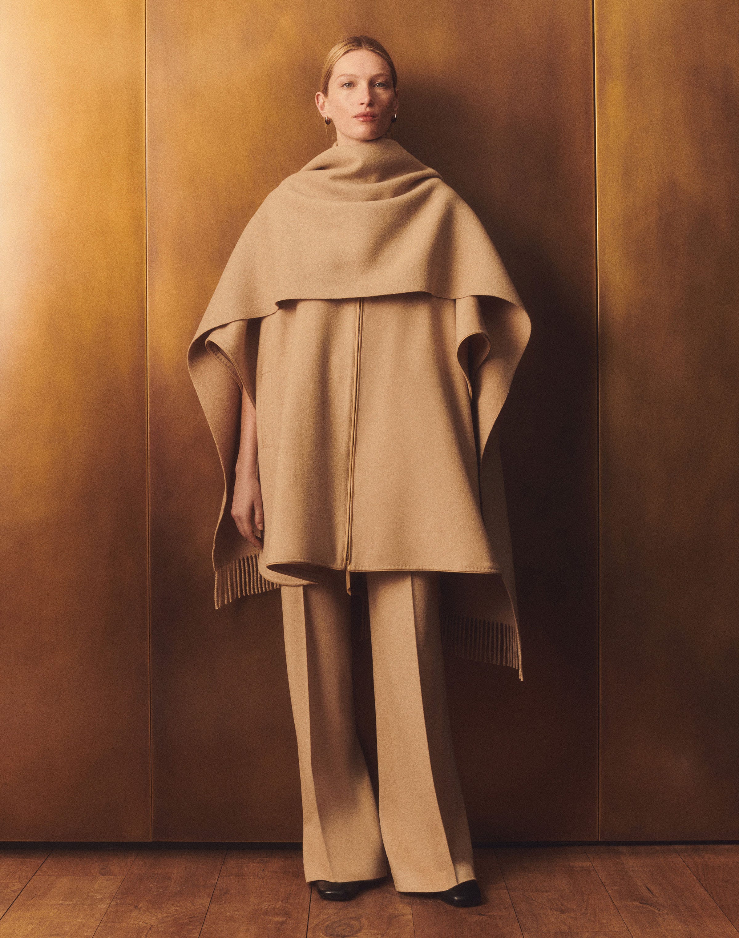 Camel Hair Knit Collar Oversized Cape