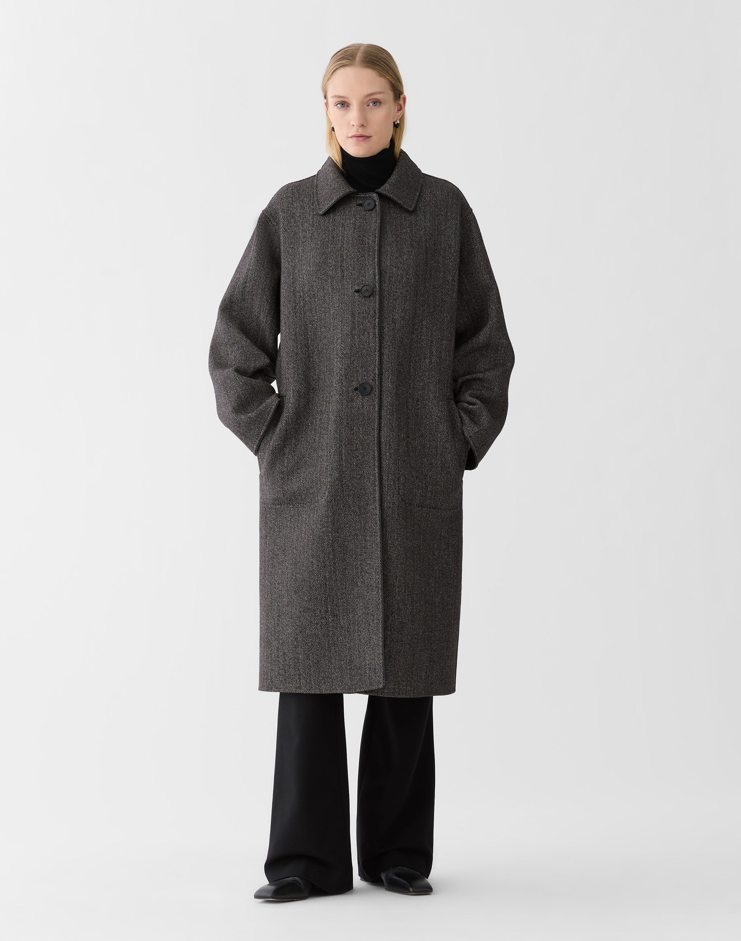 Wool-Cashmere Herringbone Double Face Reversible Overcoat