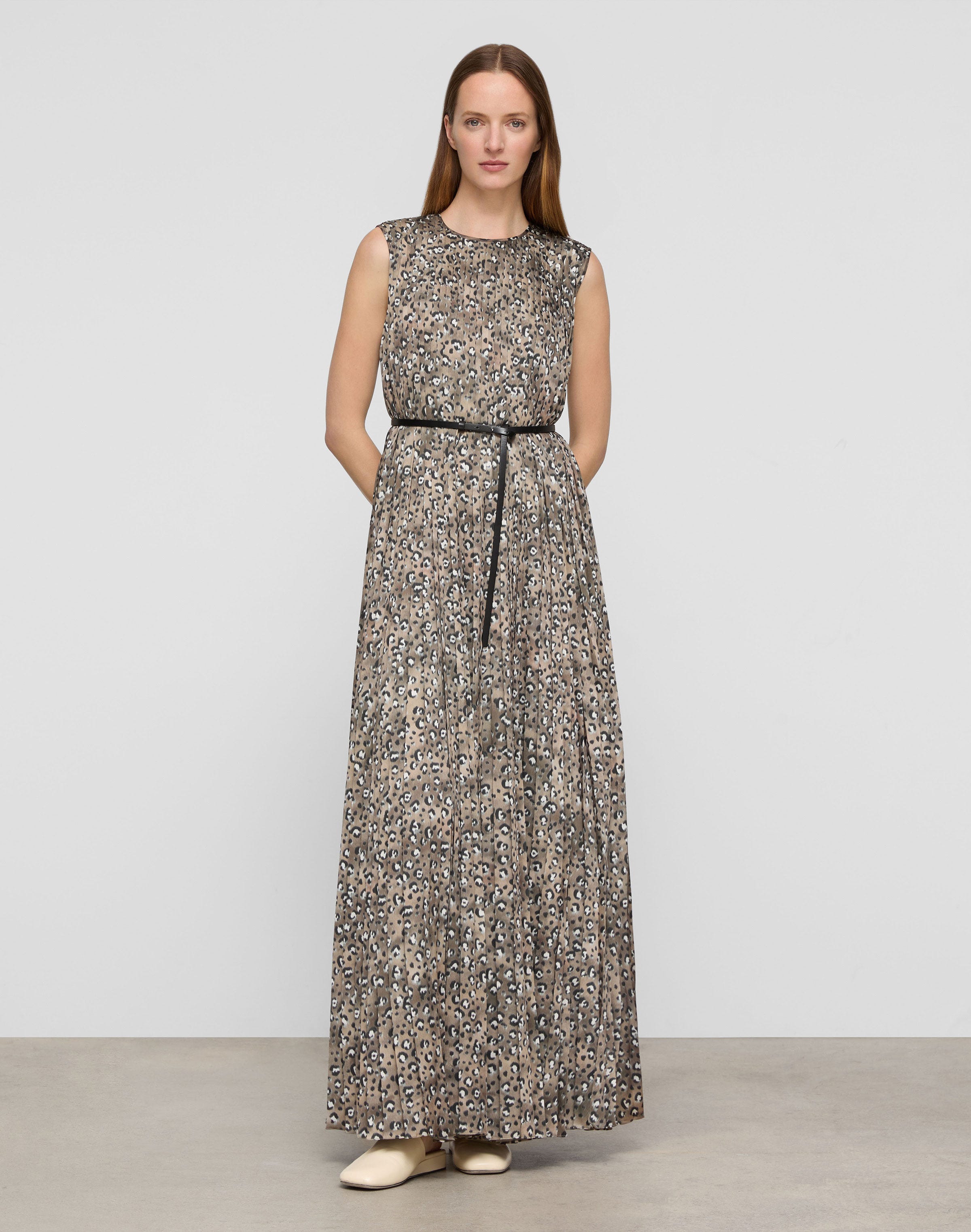 Leopard Print Satin Belted Maxi Dress