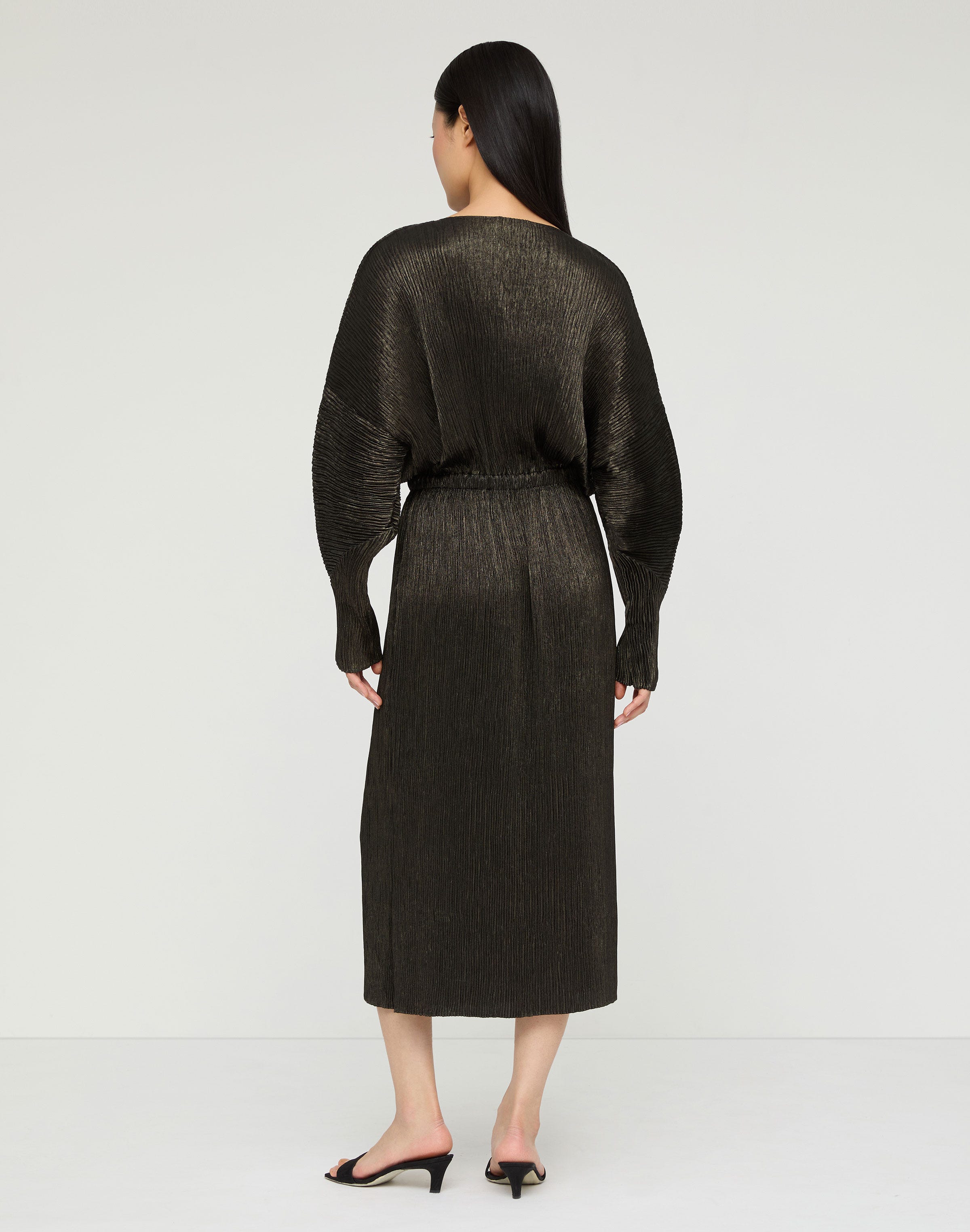 Metallic Foil Plissé Gathered Waist Dress
