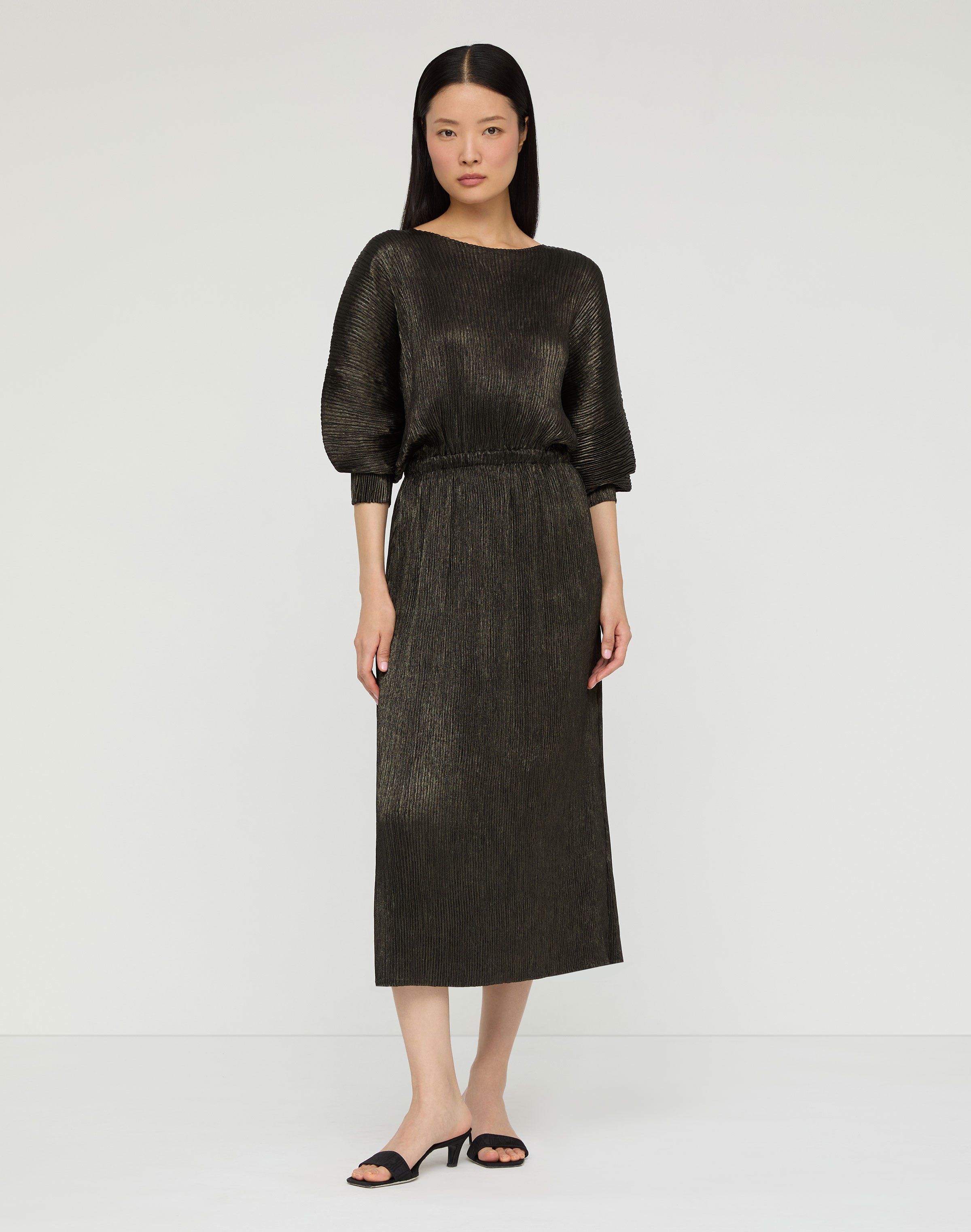 Metallic Foil Plissé Gathered Waist Dress