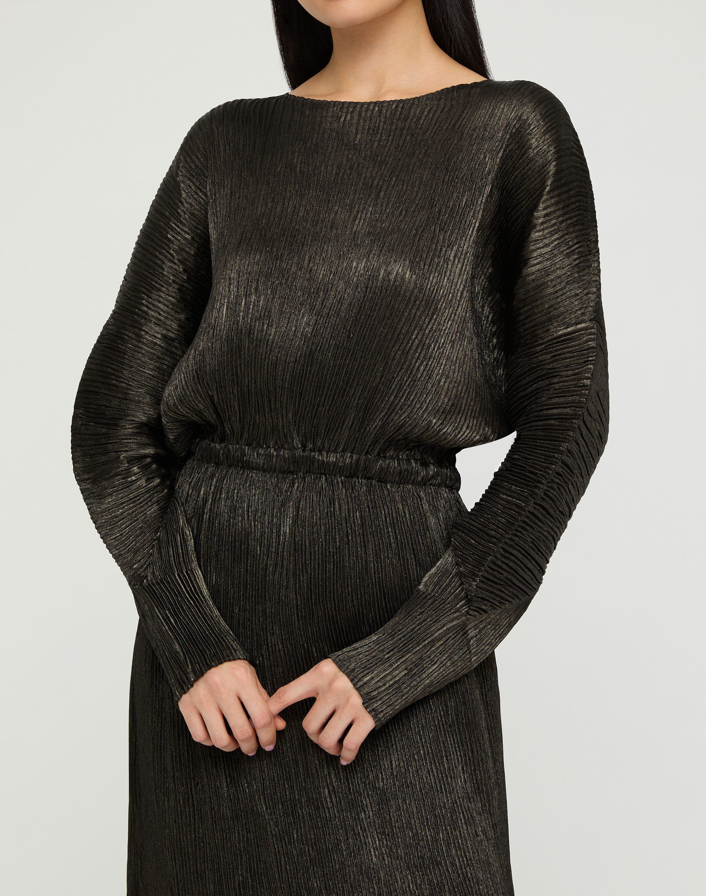 Metallic Foil Plissé Gathered Waist Dress