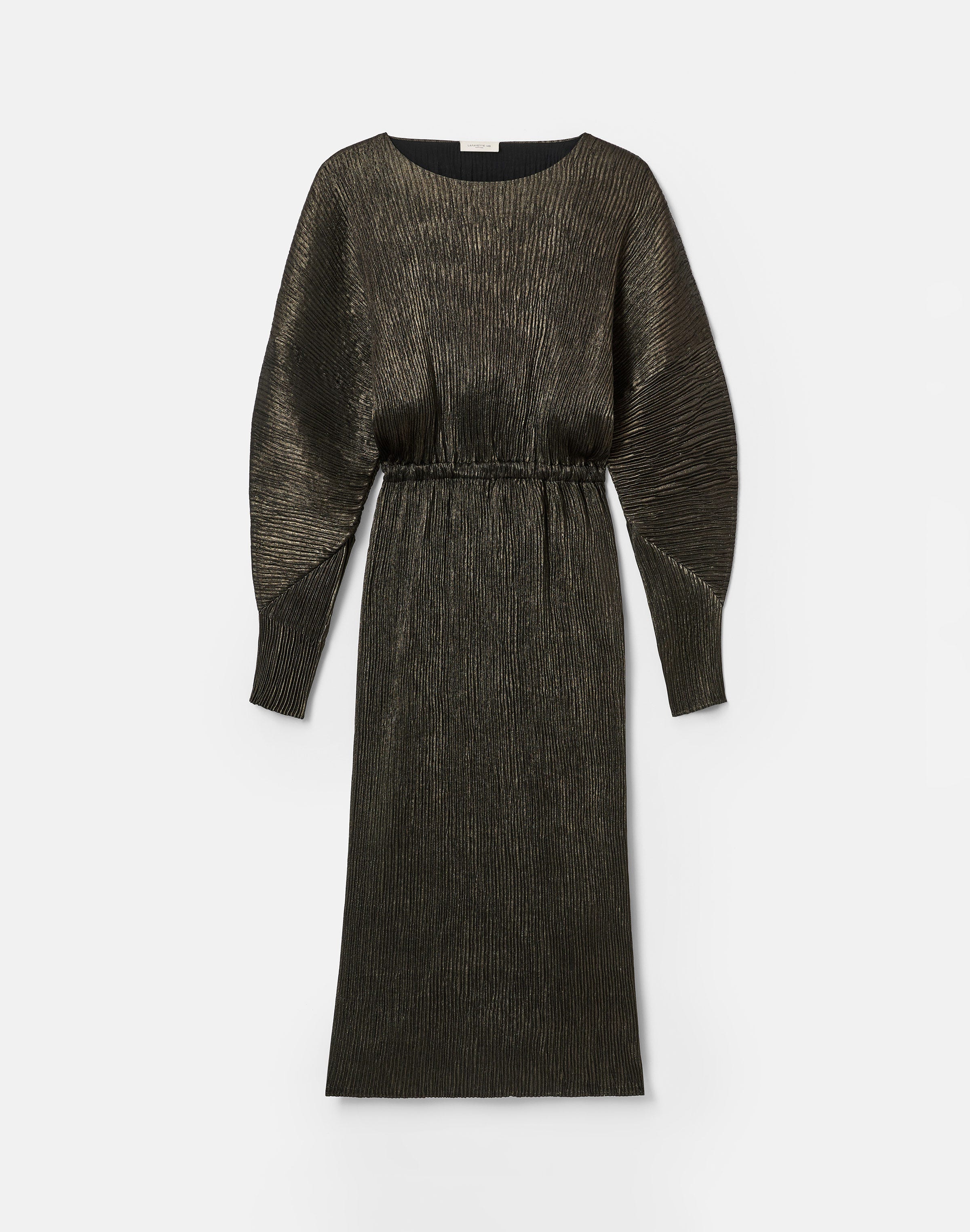Metallic Foil Plissé Gathered Waist Dress