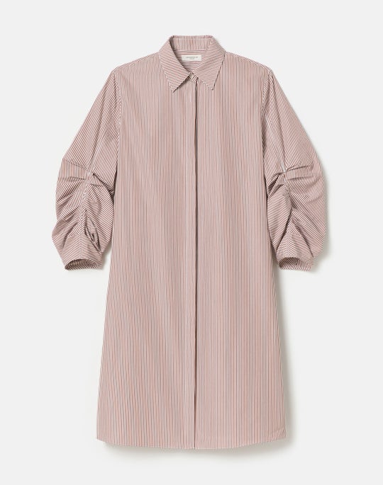 Stripe Cotton Ruched Sleeve Shirtdress