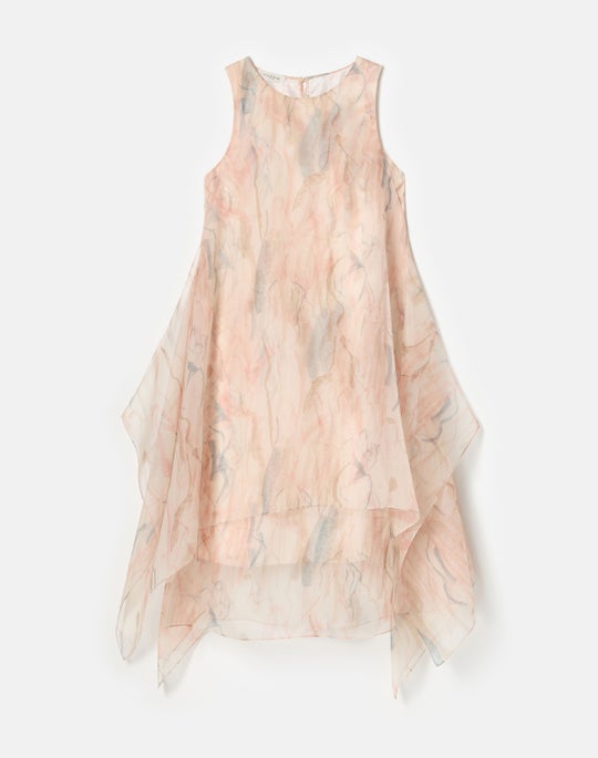 Gesture Print Silk Organza Layered Handkerchief Midi Dress