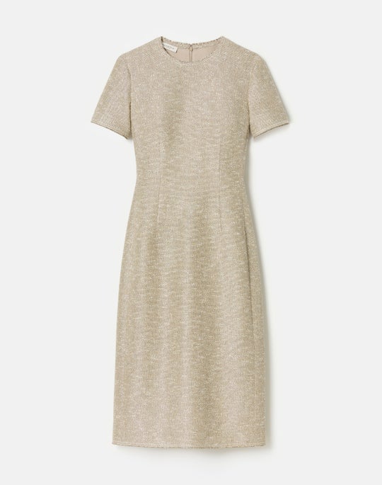 Petite Sequin Speckled Tweed Short Sleeve Sheath Dress