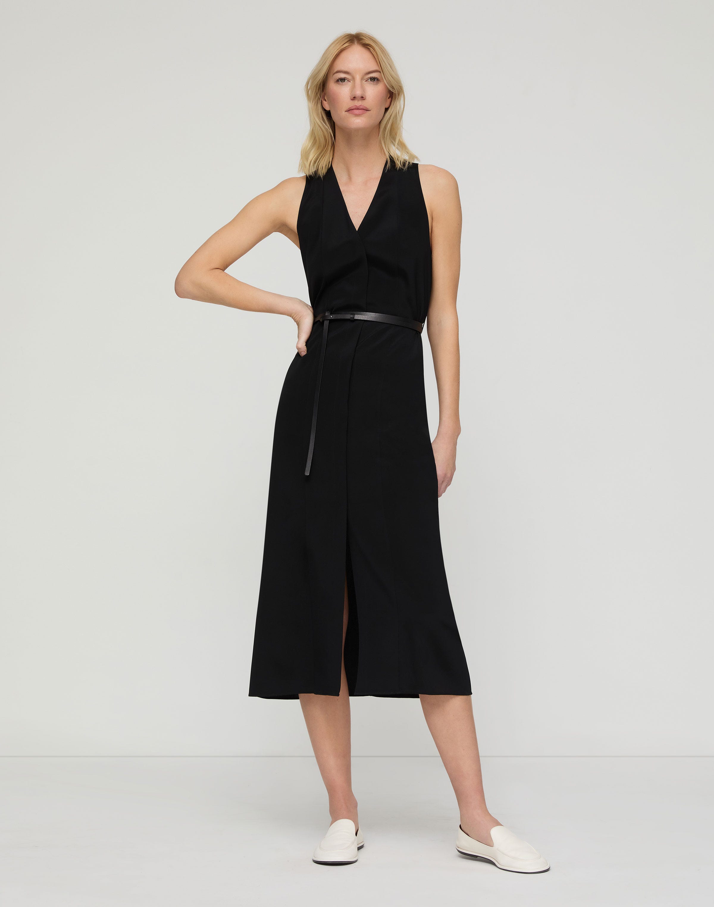 Organic Silk Stretch Georgette Sleeveless Belted Dress