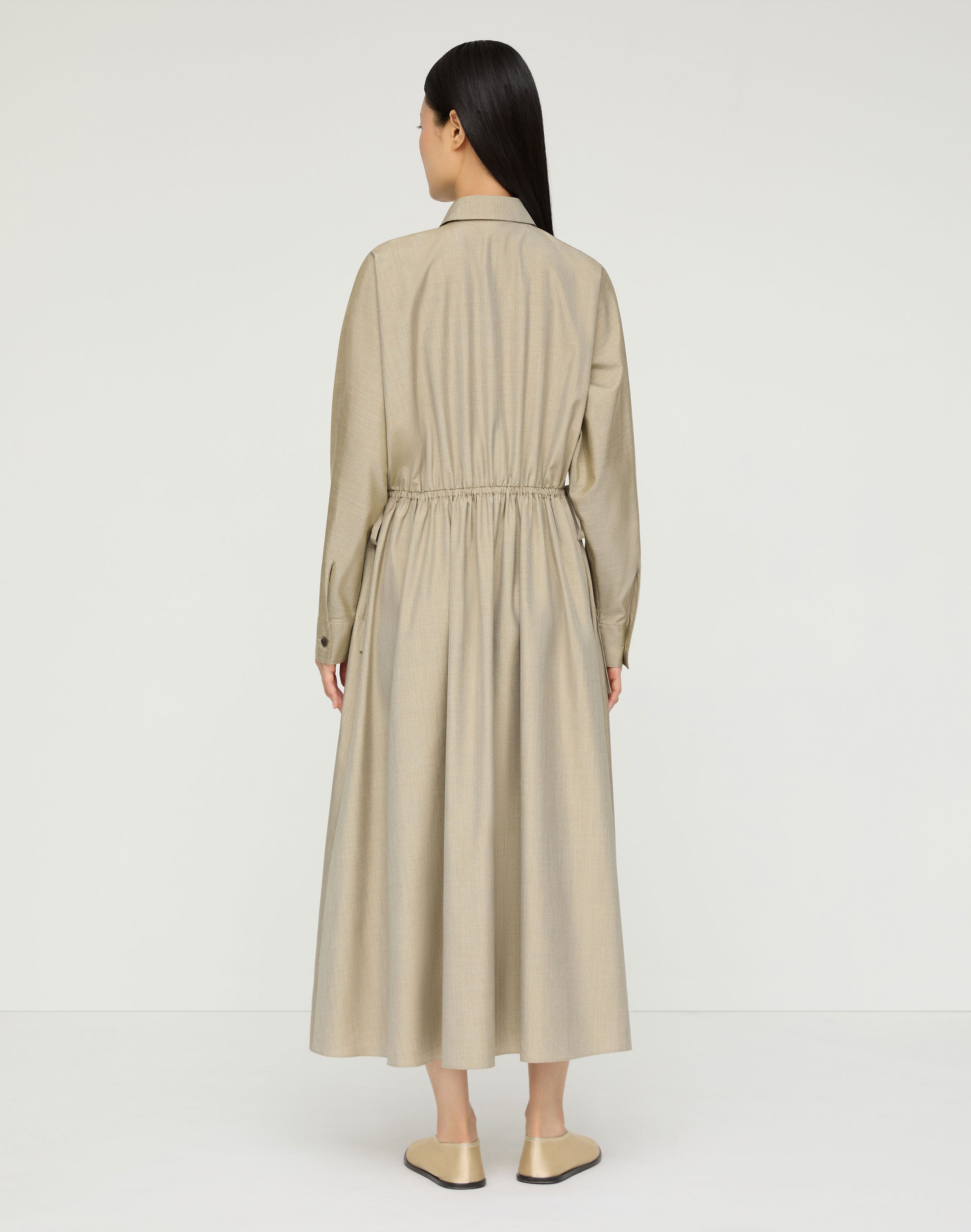 Silk Gathered Waist Midi Shirtdress