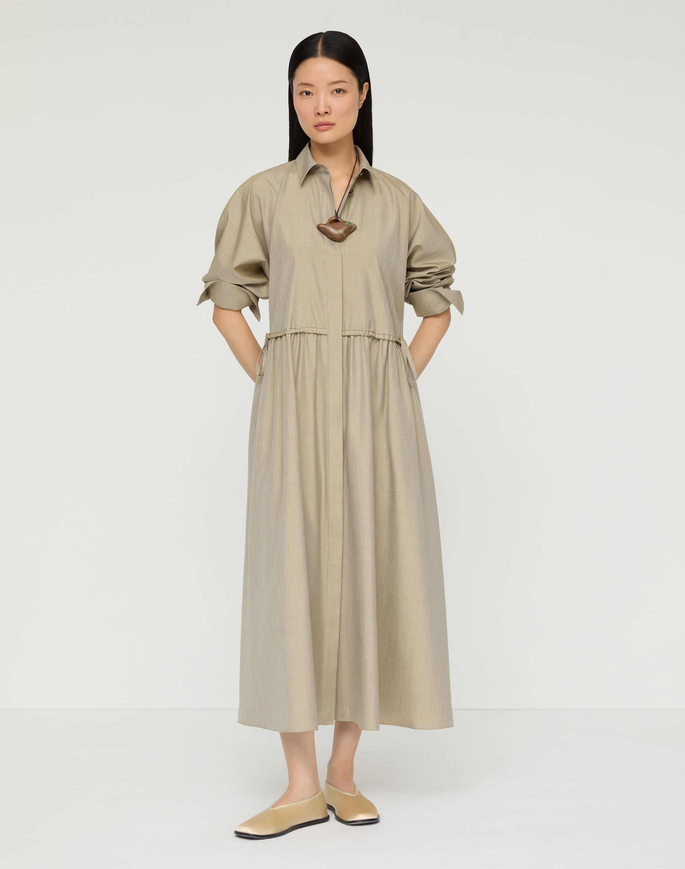 Silk Gathered Waist Midi Shirtdress