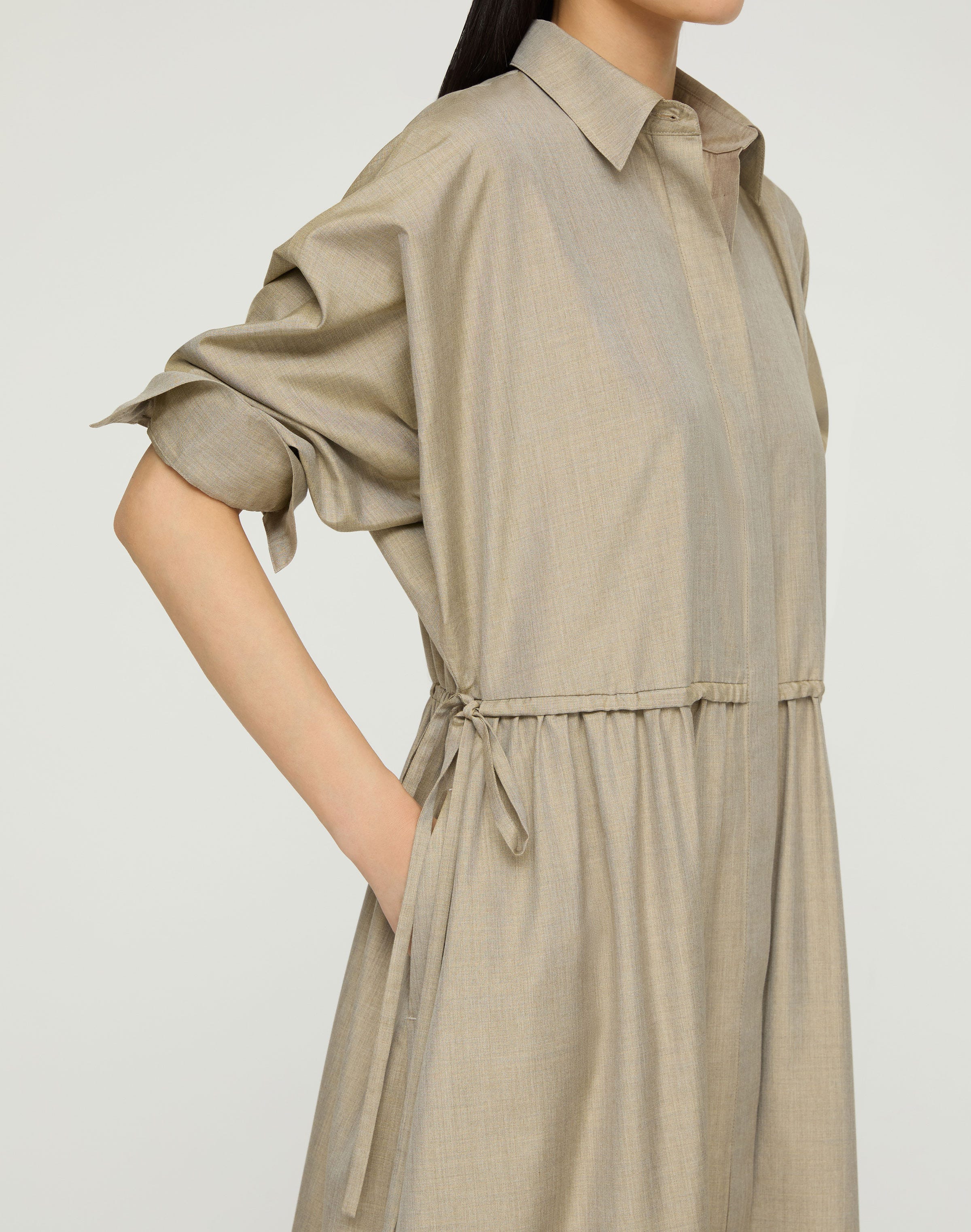 Silk Gathered Waist Midi Shirtdress