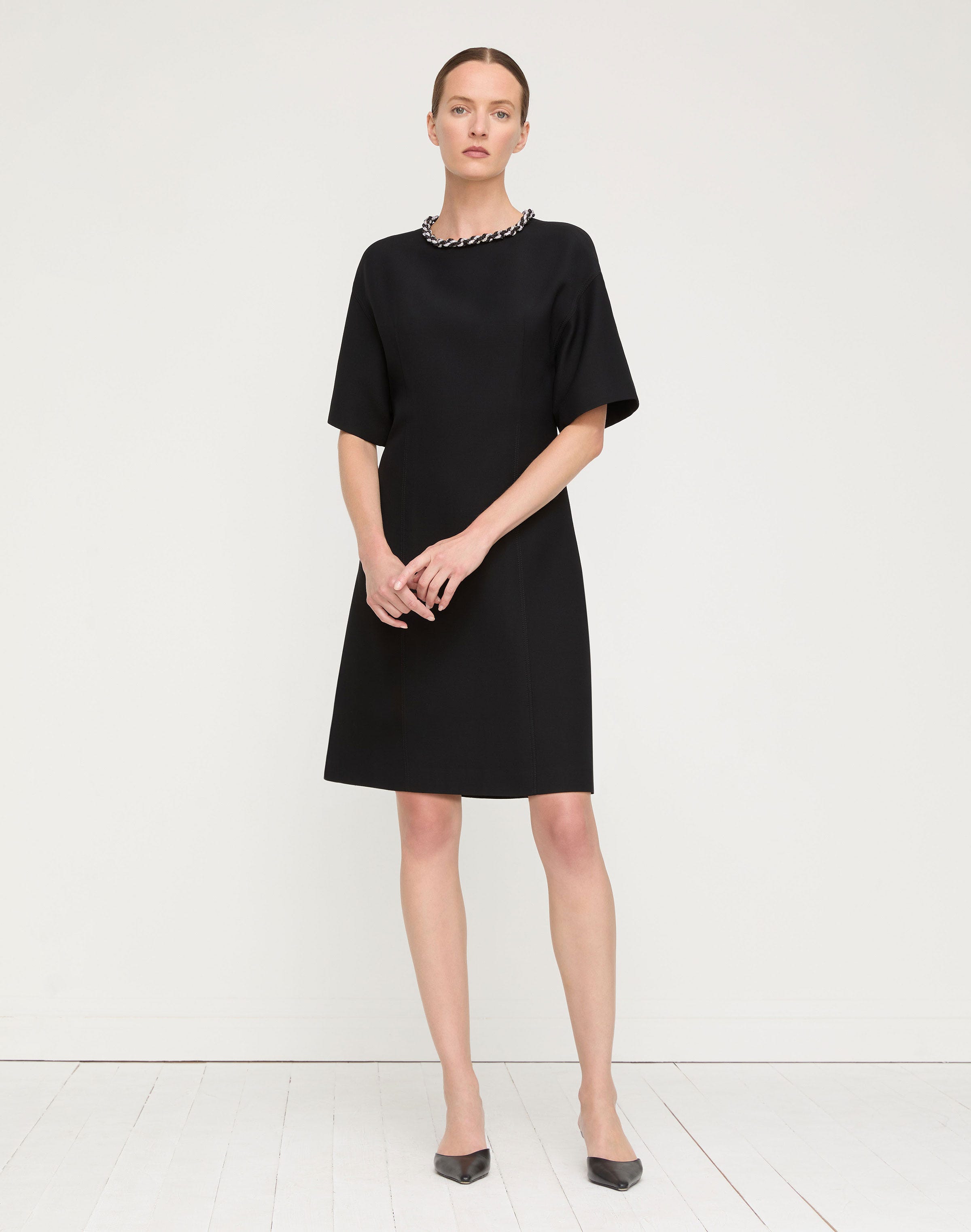Wool-Silk Crepe Detachable Embellished Necklace Dress
