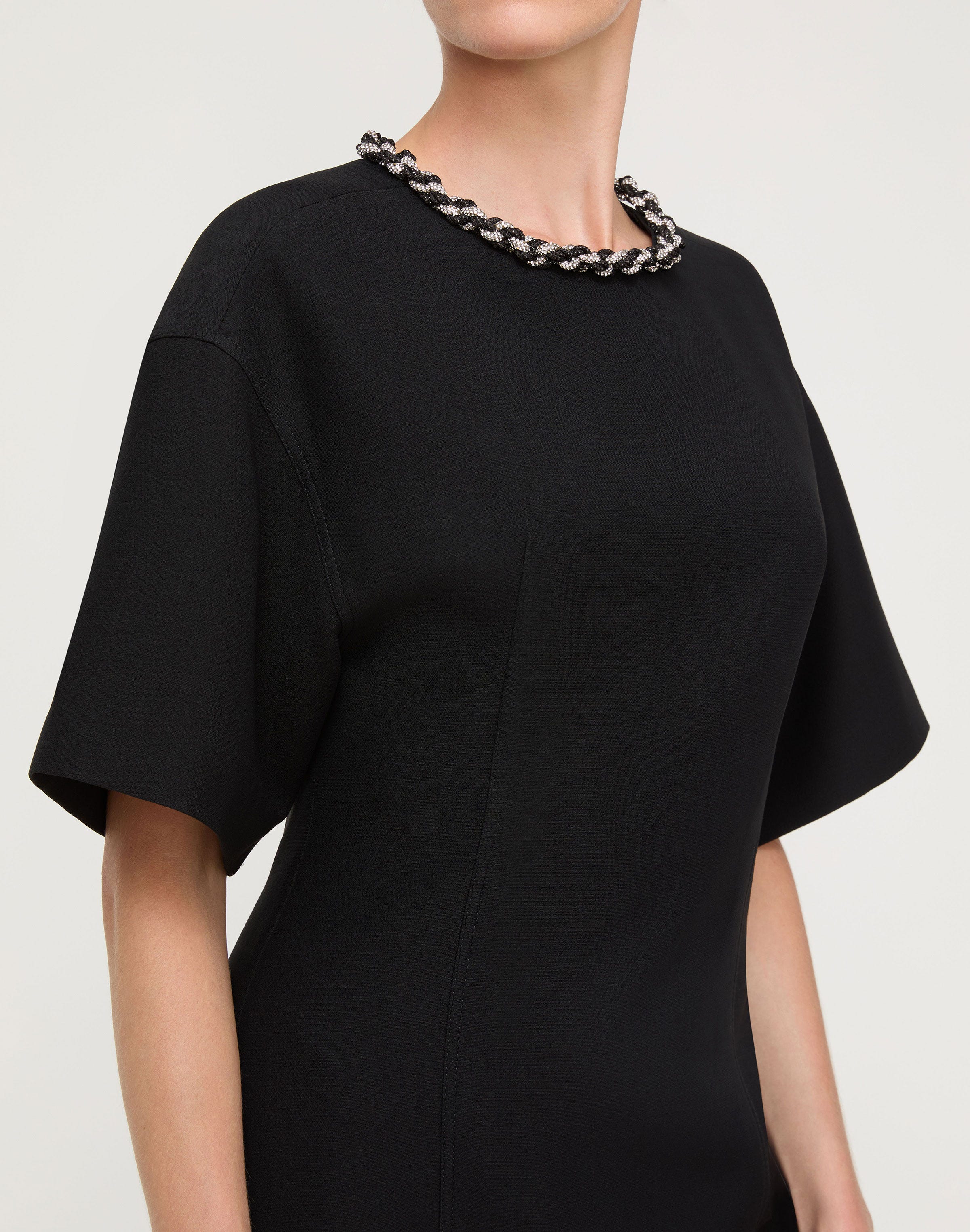 Wool-Silk Crepe Detachable Embellished Necklace Dress