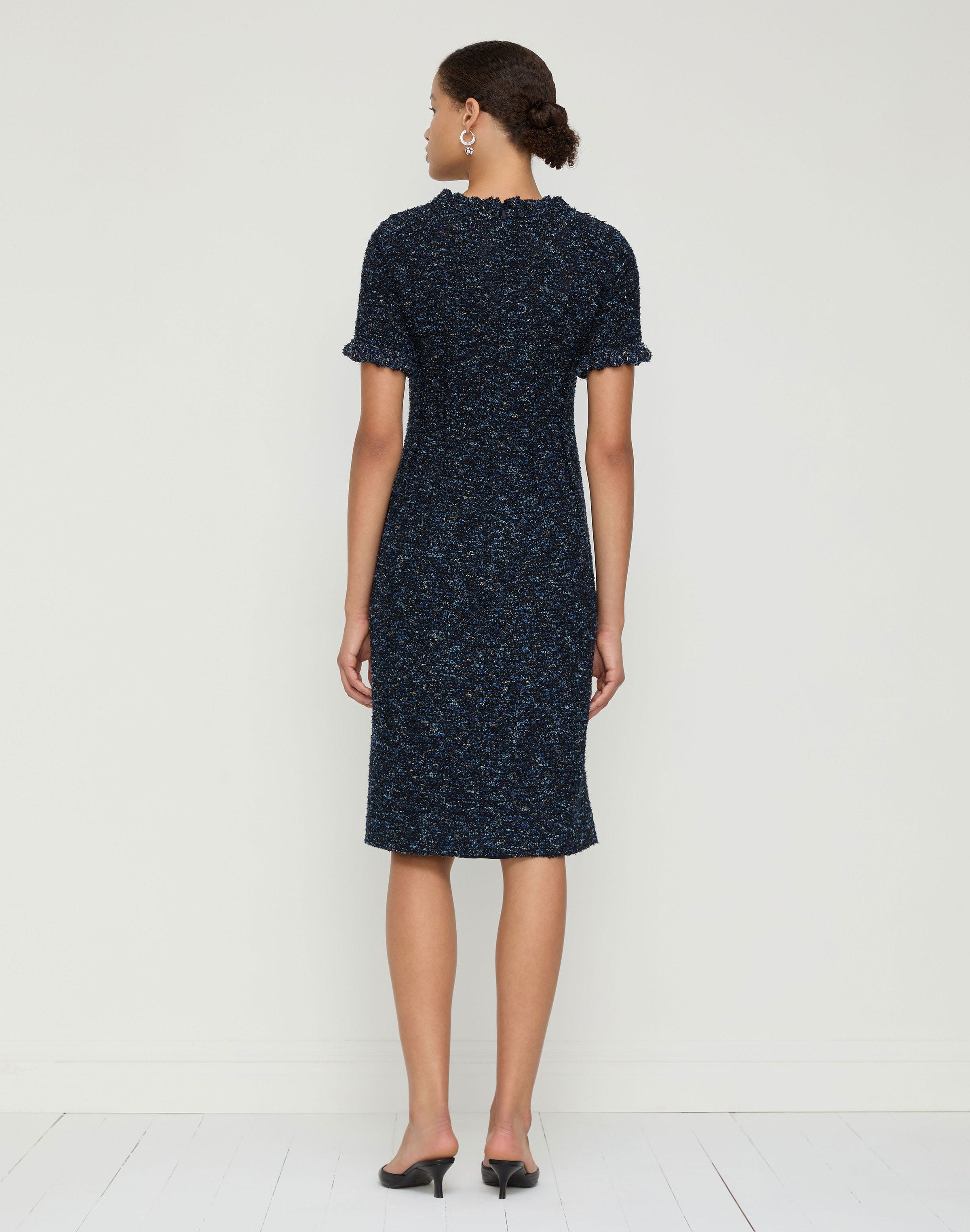 Petite Cosmos Bouclé Tweed Crochet Trim Sheath Dress
