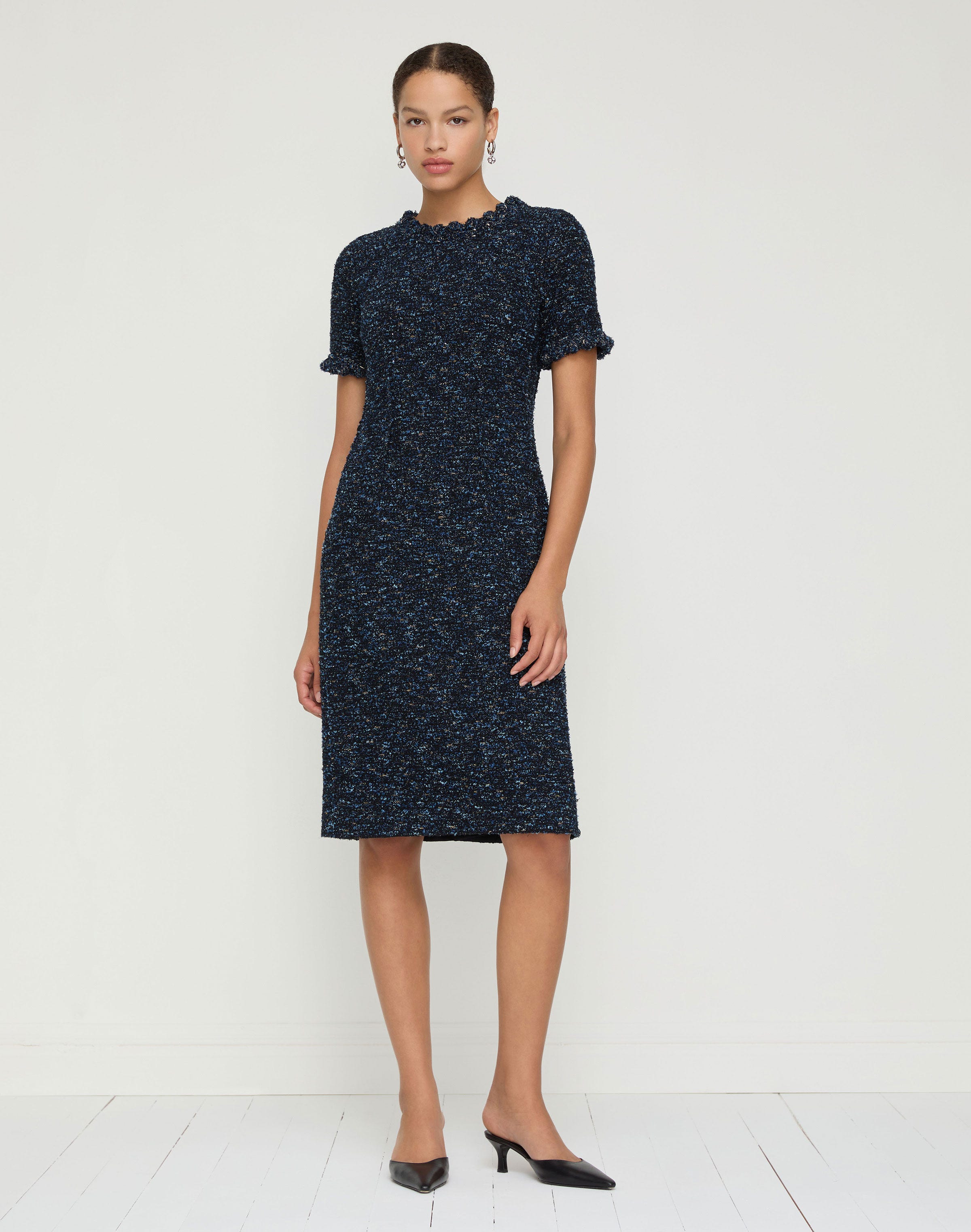 Petite Cosmos Bouclé Tweed Crochet Trim Sheath Dress