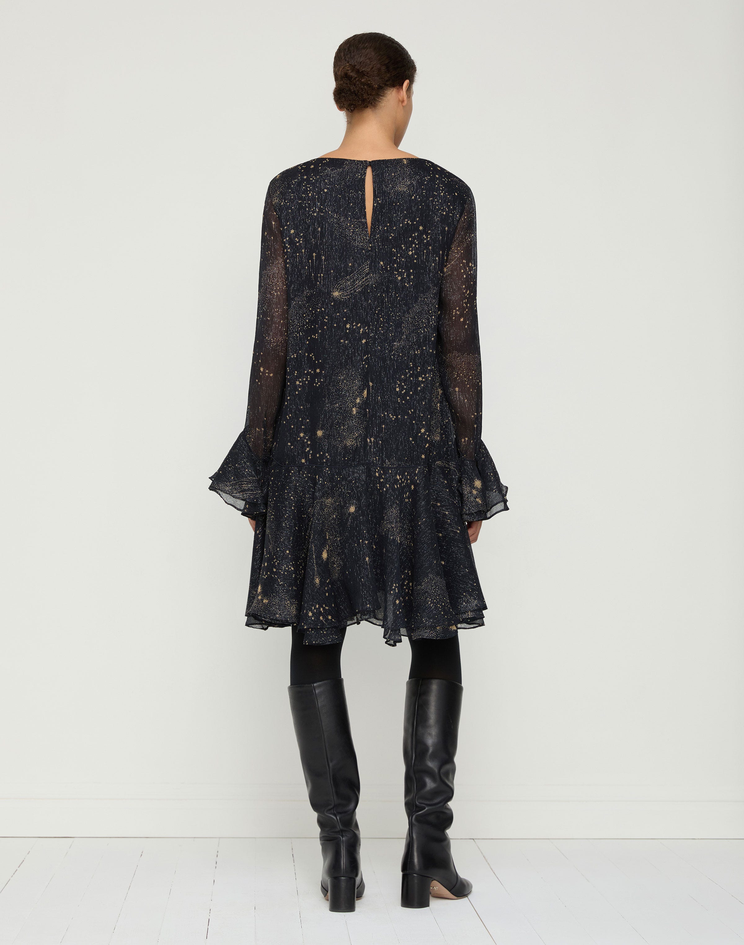 Cosmos Print Crinkle Silk Ruffled Dress