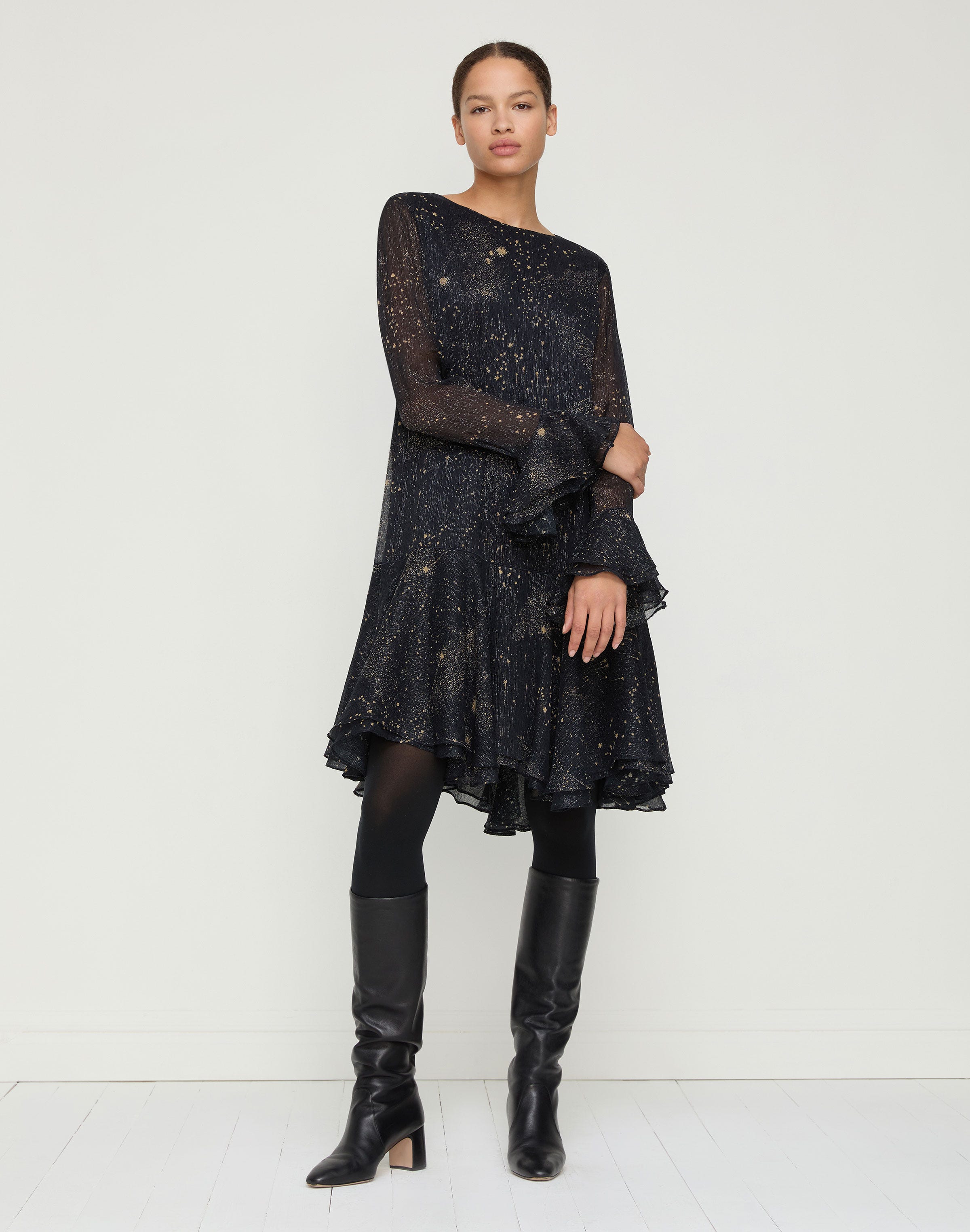Cosmos Print Crinkle Silk Ruffled Dress