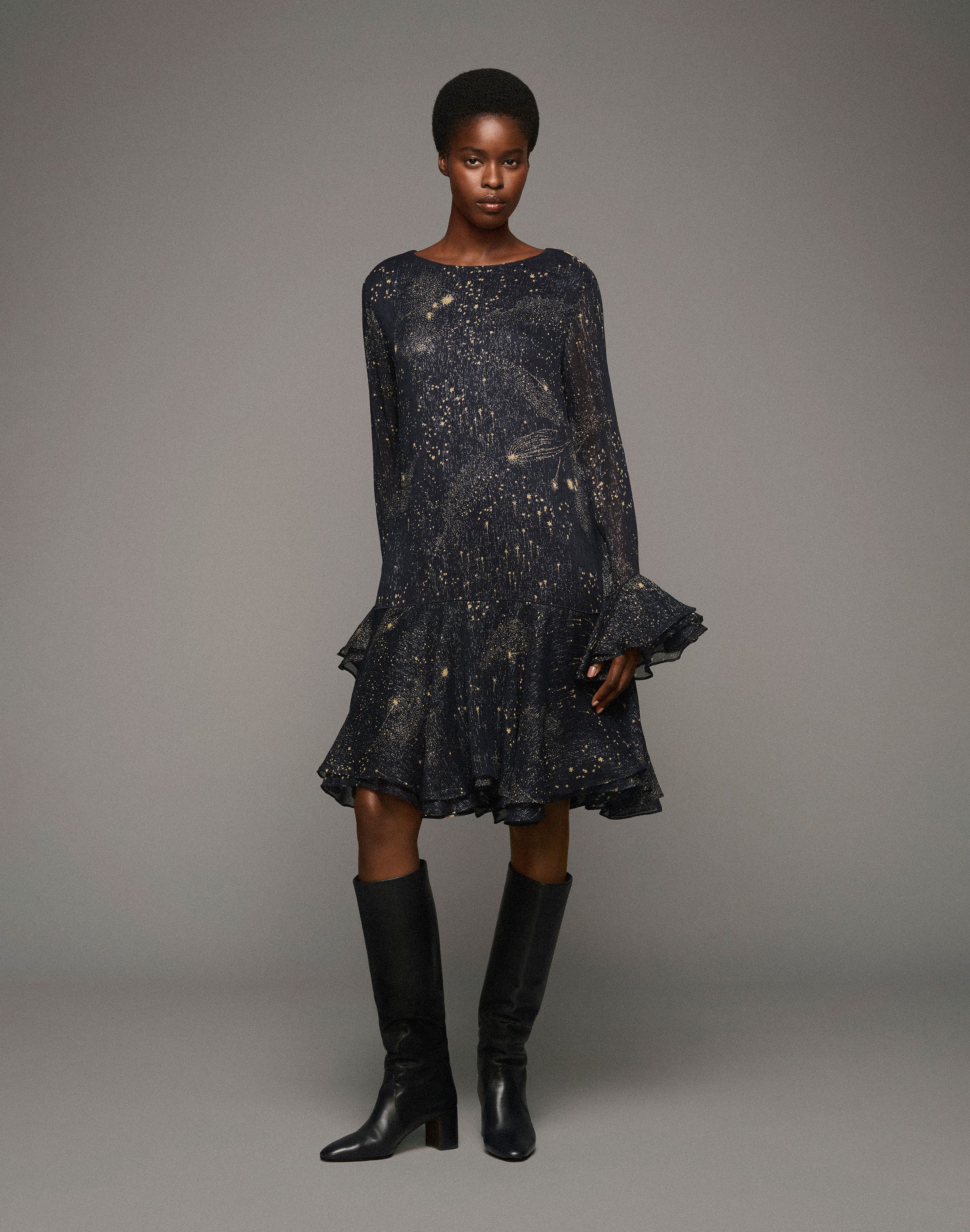 Cosmos Print Crinkle Silk Ruffled Dress