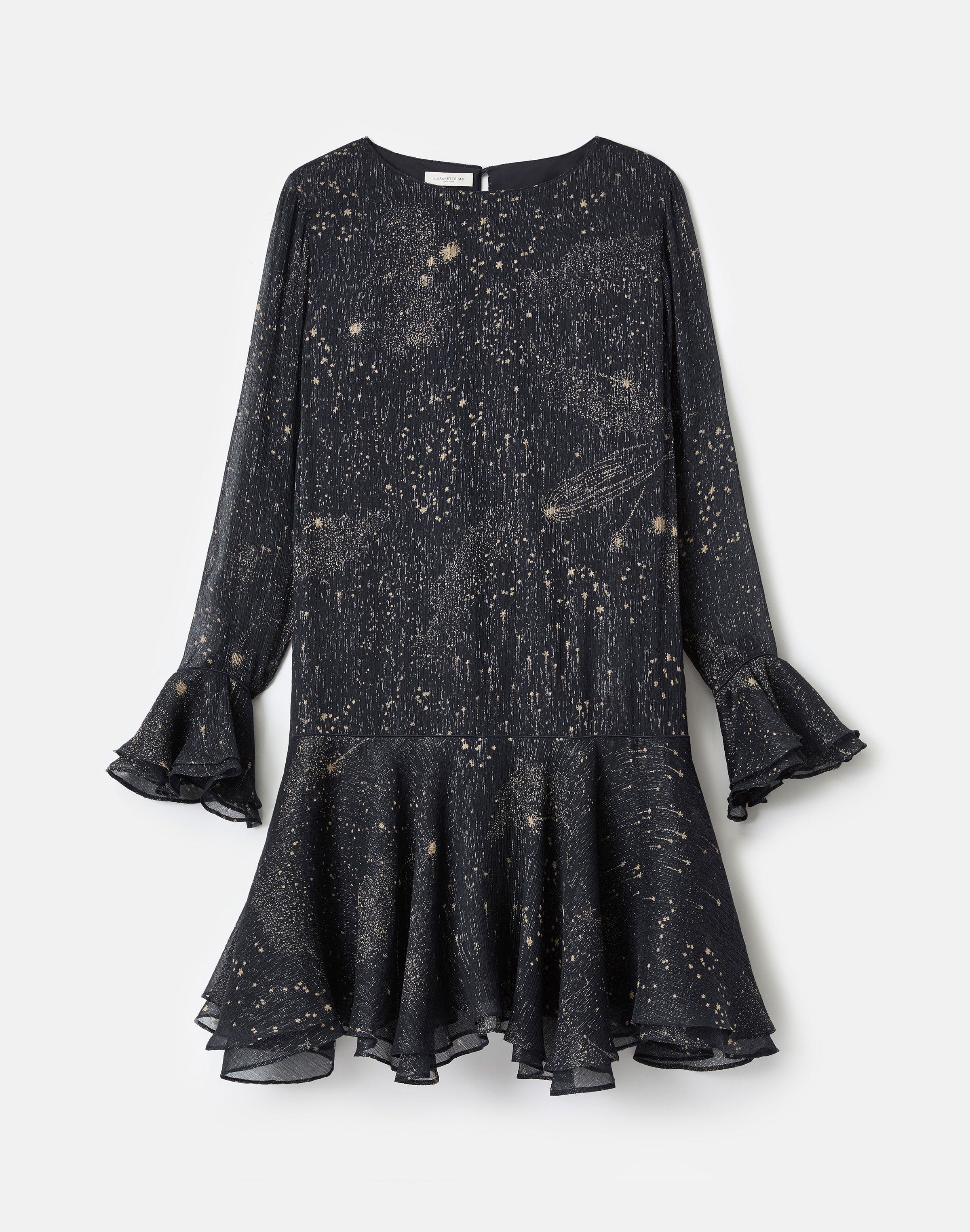 Cosmos Print Crinkle Silk Ruffled Dress