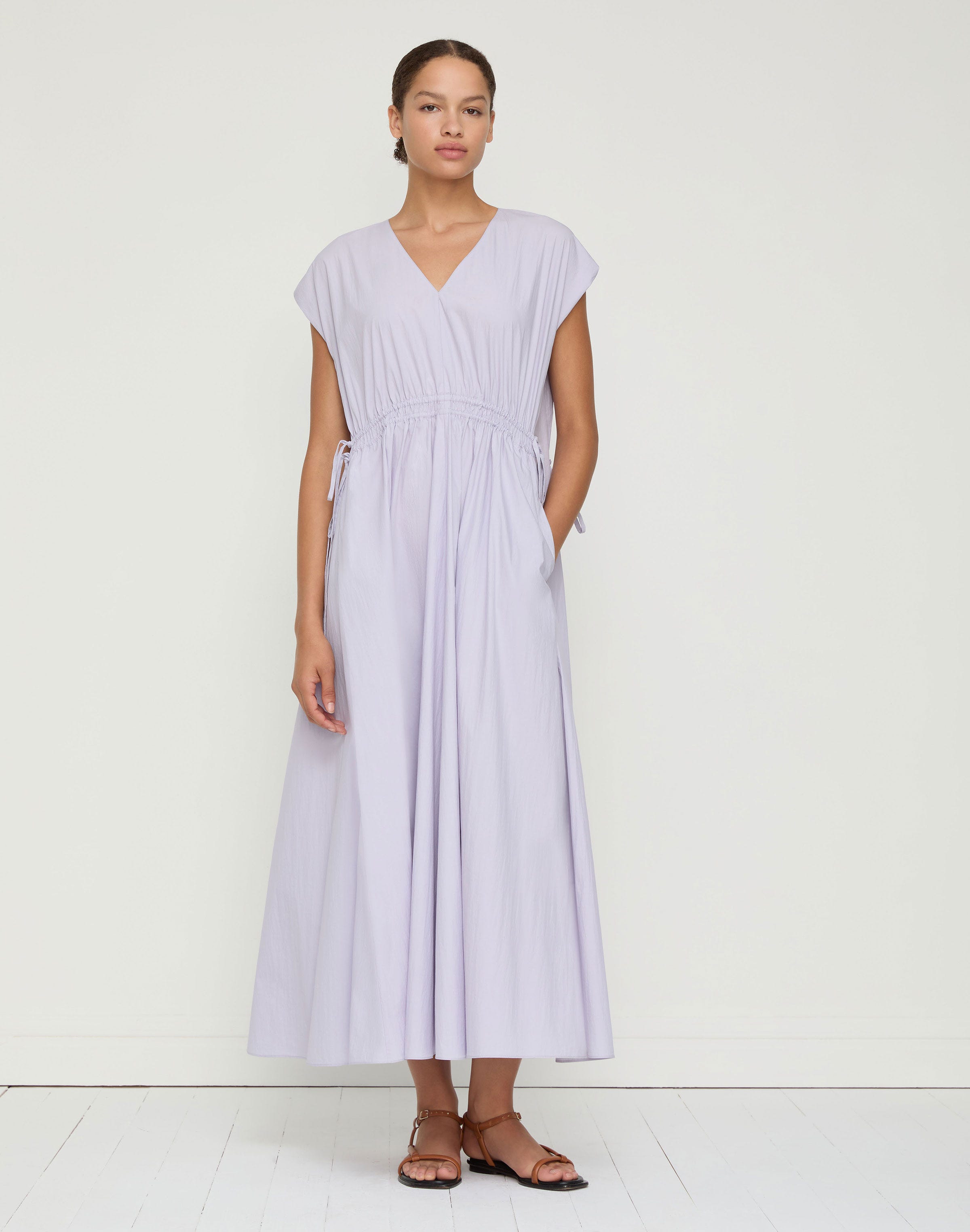 Travel Cotton Gathered Tie V-Neck Dress