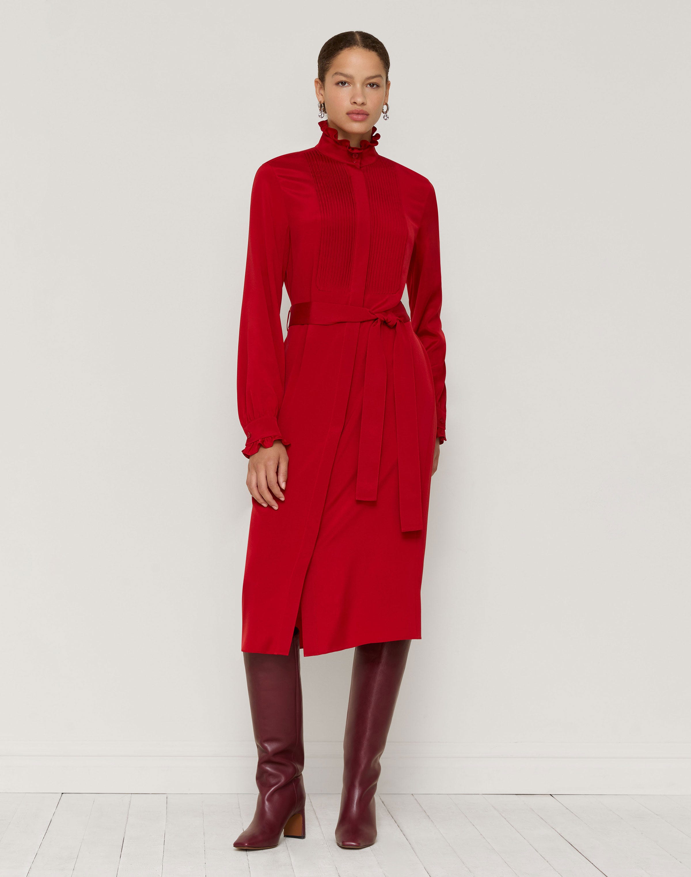 Organic Silk Georgette Belted Tuxedo Dress