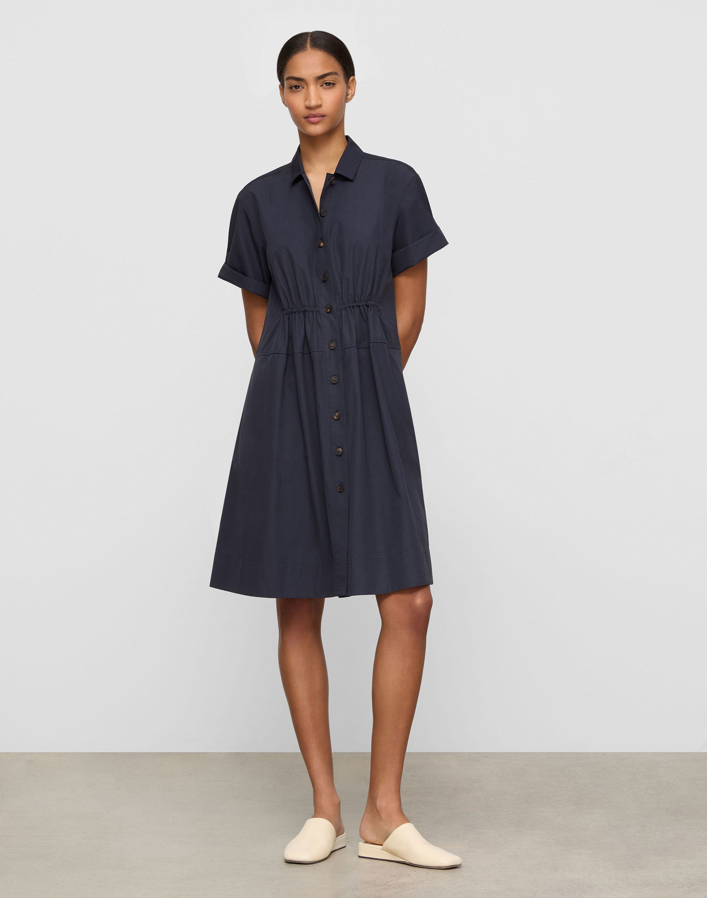 Plus-Size Organic Cotton Poplin Gathered Waist Shirtdress