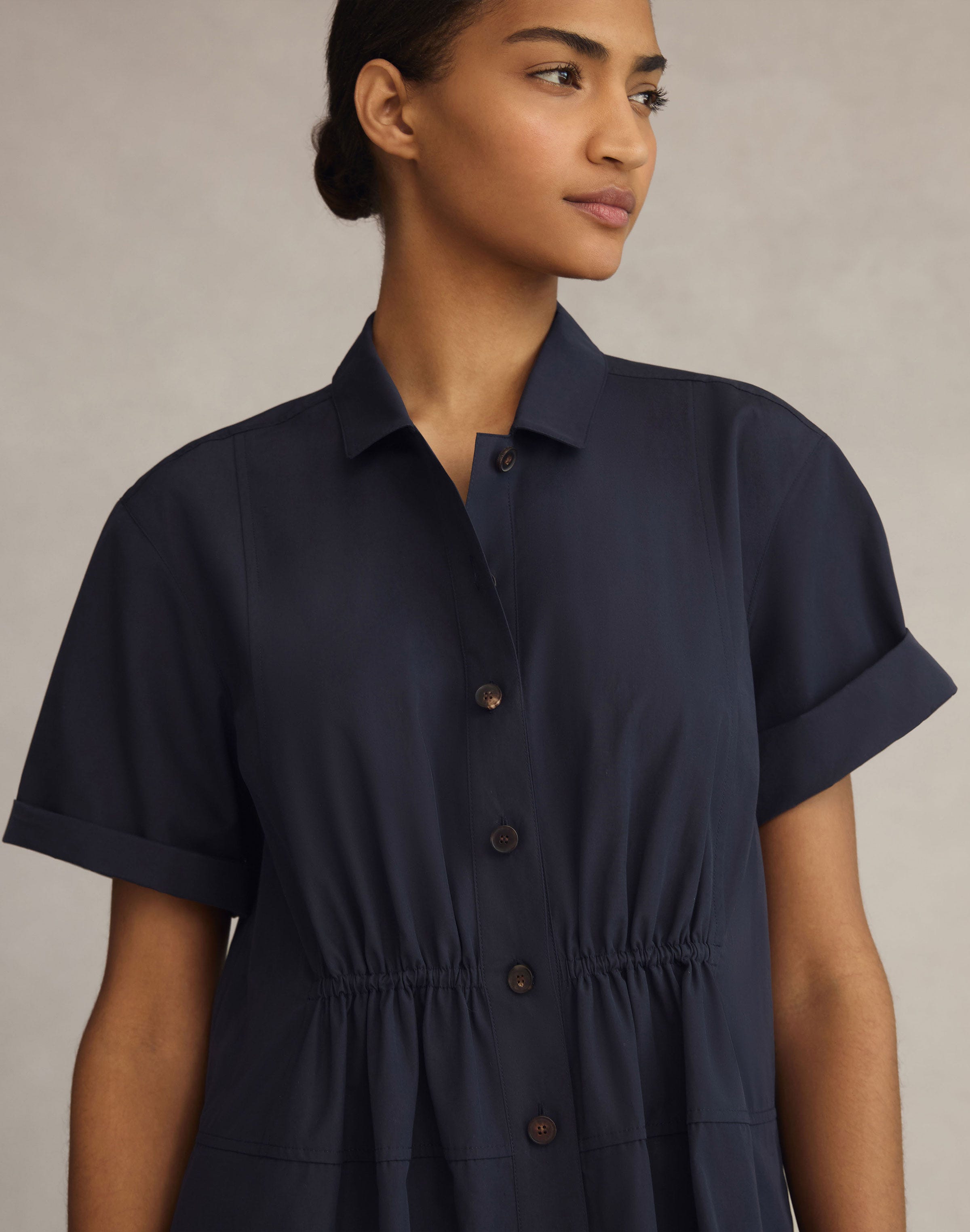 Plus-Size Organic Cotton Poplin Gathered Waist Shirtdress