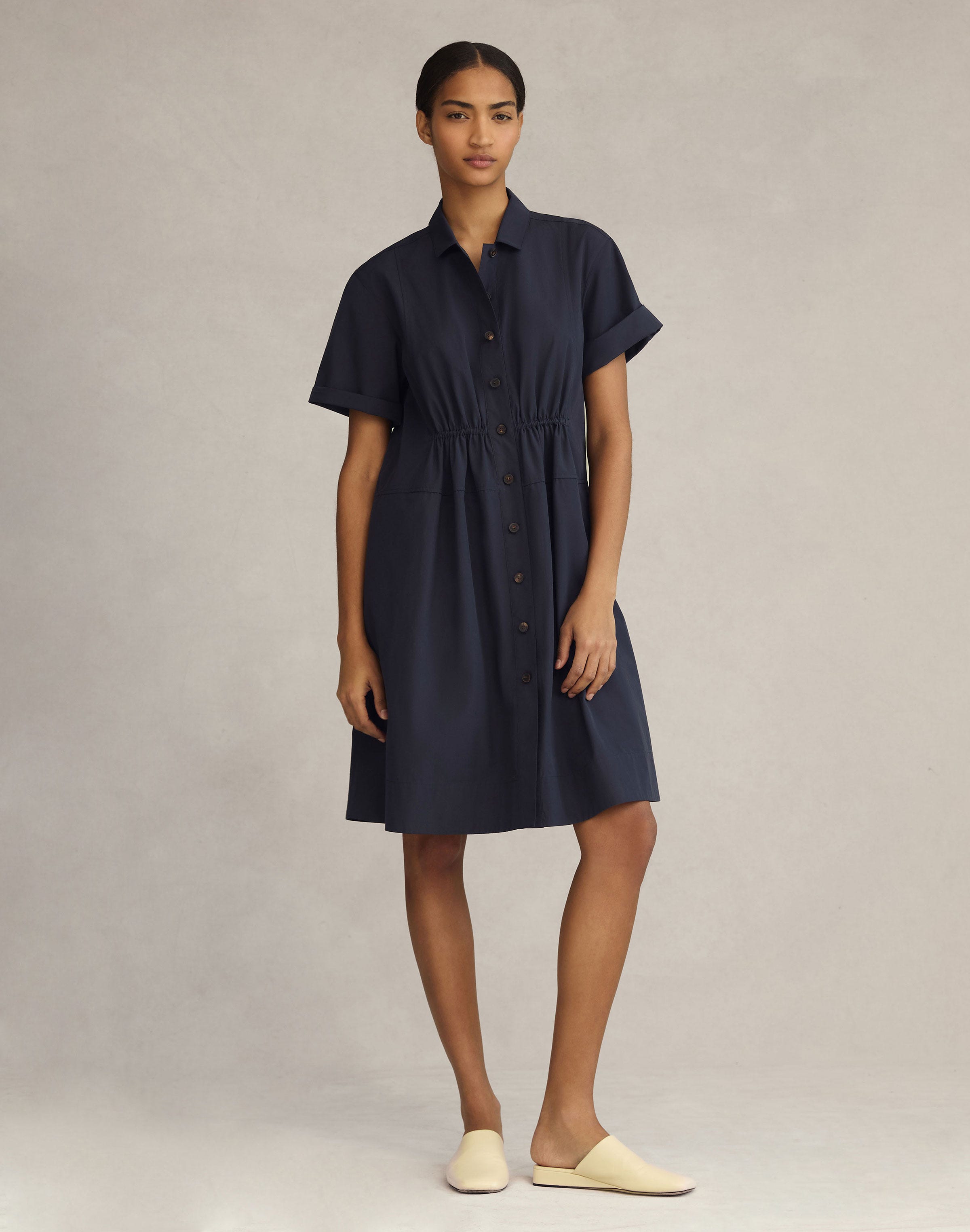 Plus-Size Organic Cotton Poplin Gathered Waist Shirtdress