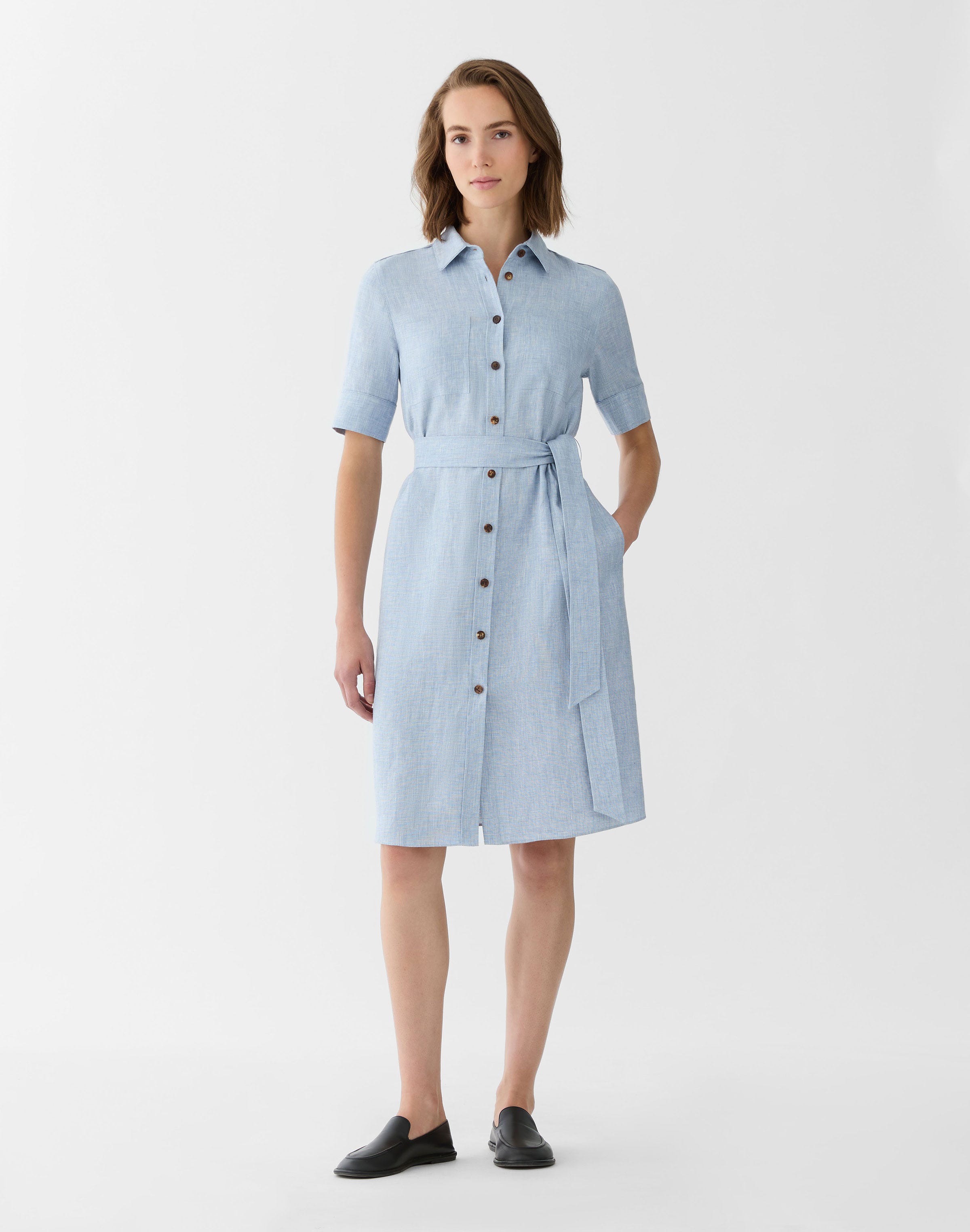 Linen Twill Mélange Belted Shirtdress