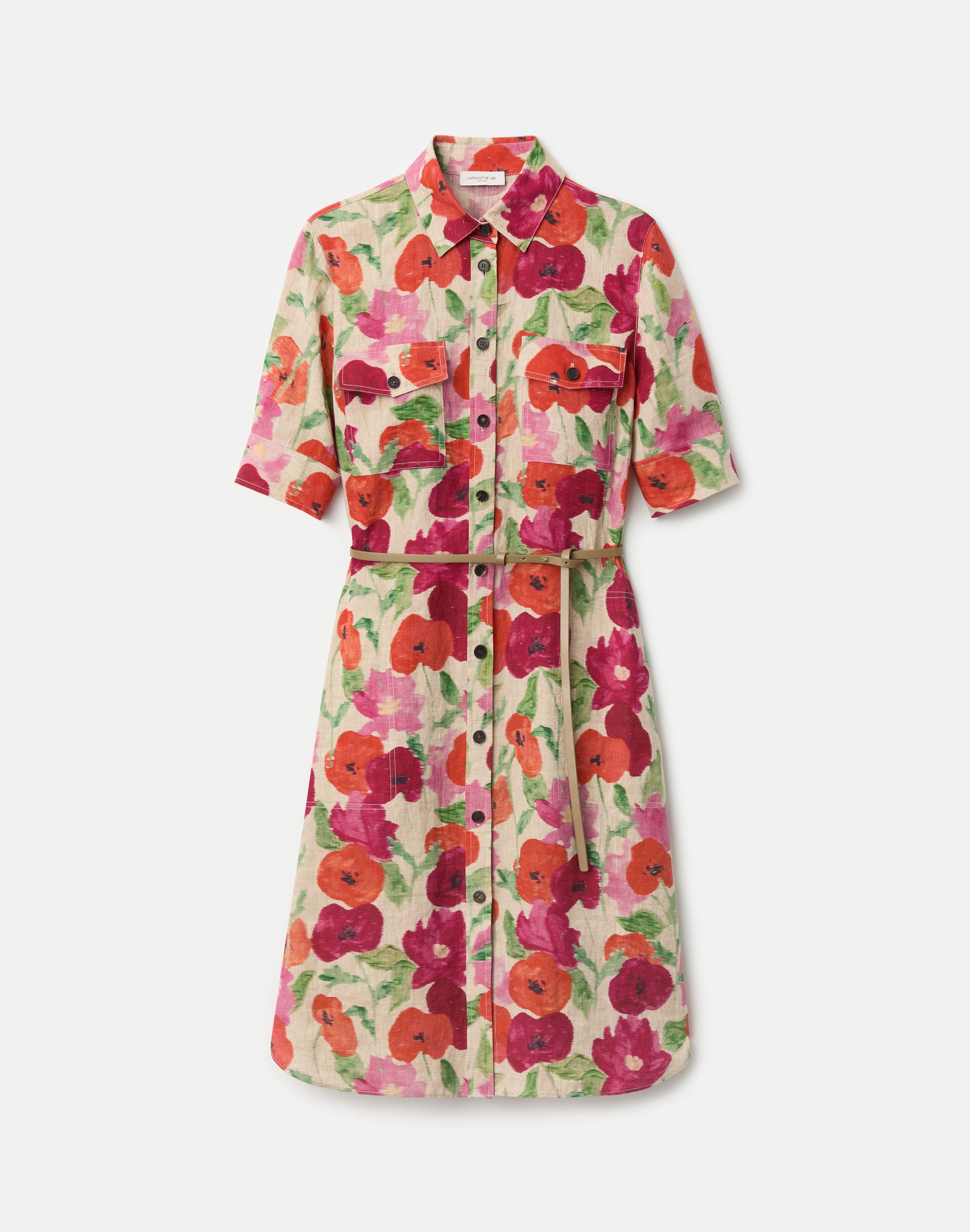 Blossom Print Organic Linen Belted Shirtdress