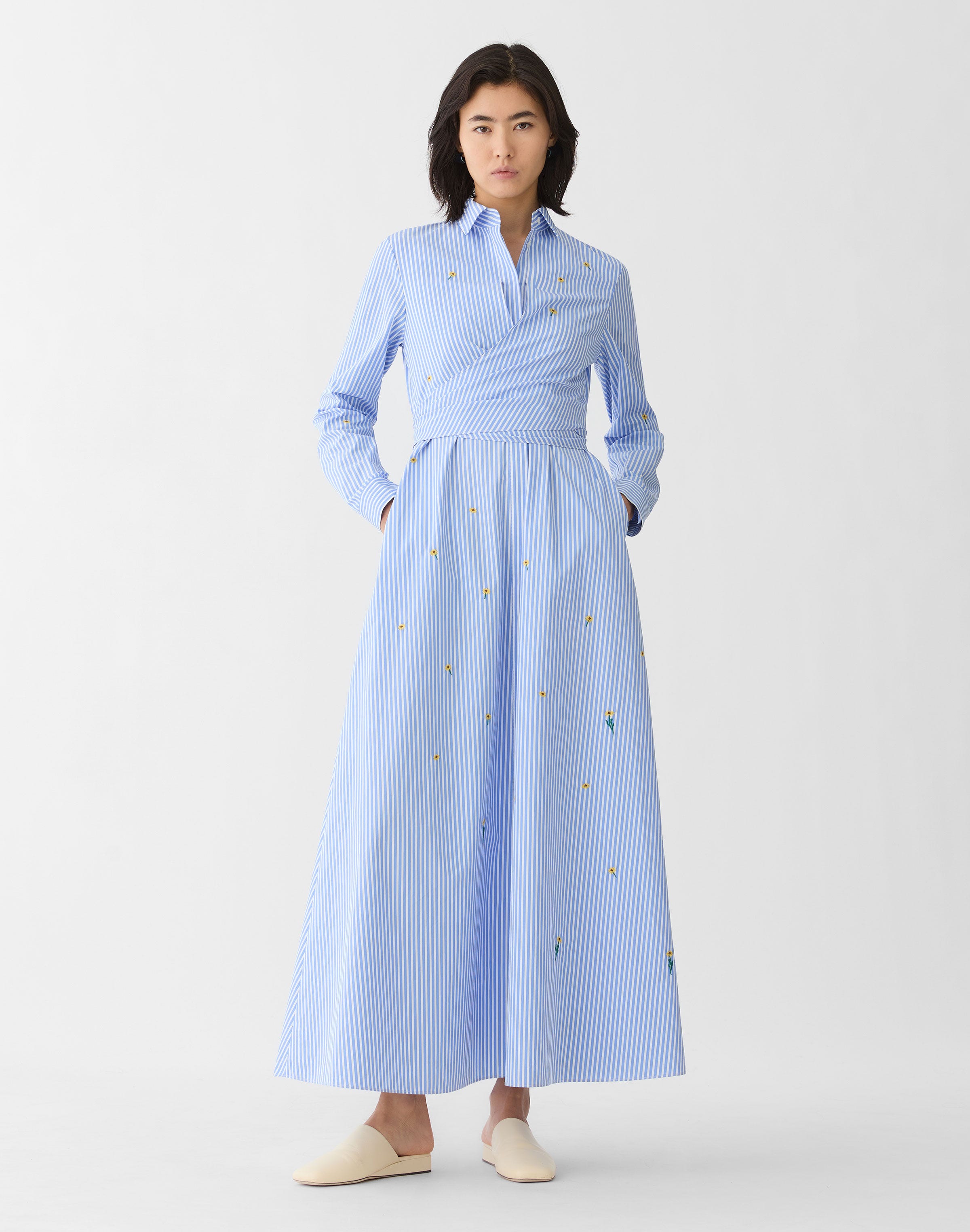 Striped Cotton Floral Embroidered Wrap Shirtdress