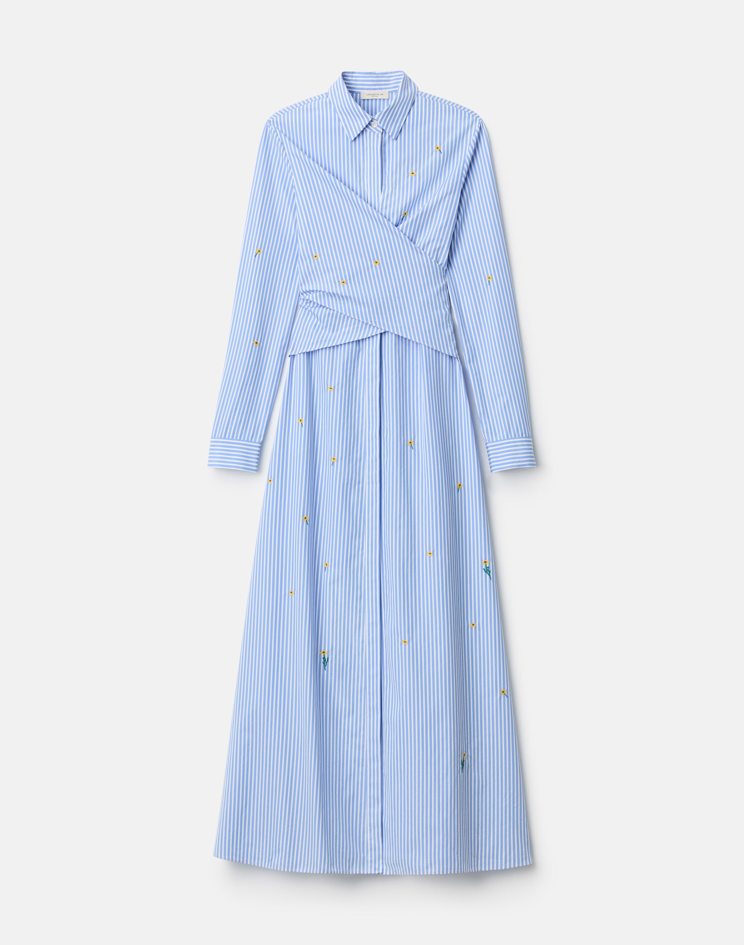 Striped Cotton Floral Embroidered Wrap Shirtdress