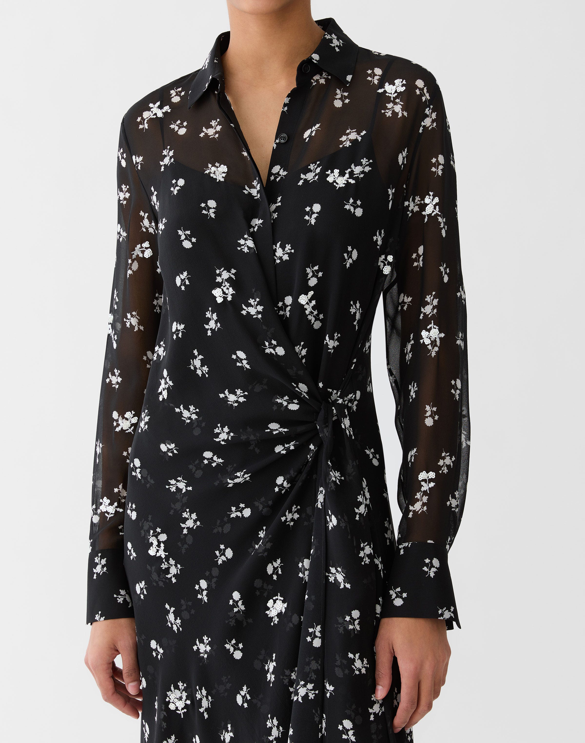 Ditsy Floral Print Silk Georgette Embellished Wrap Dress