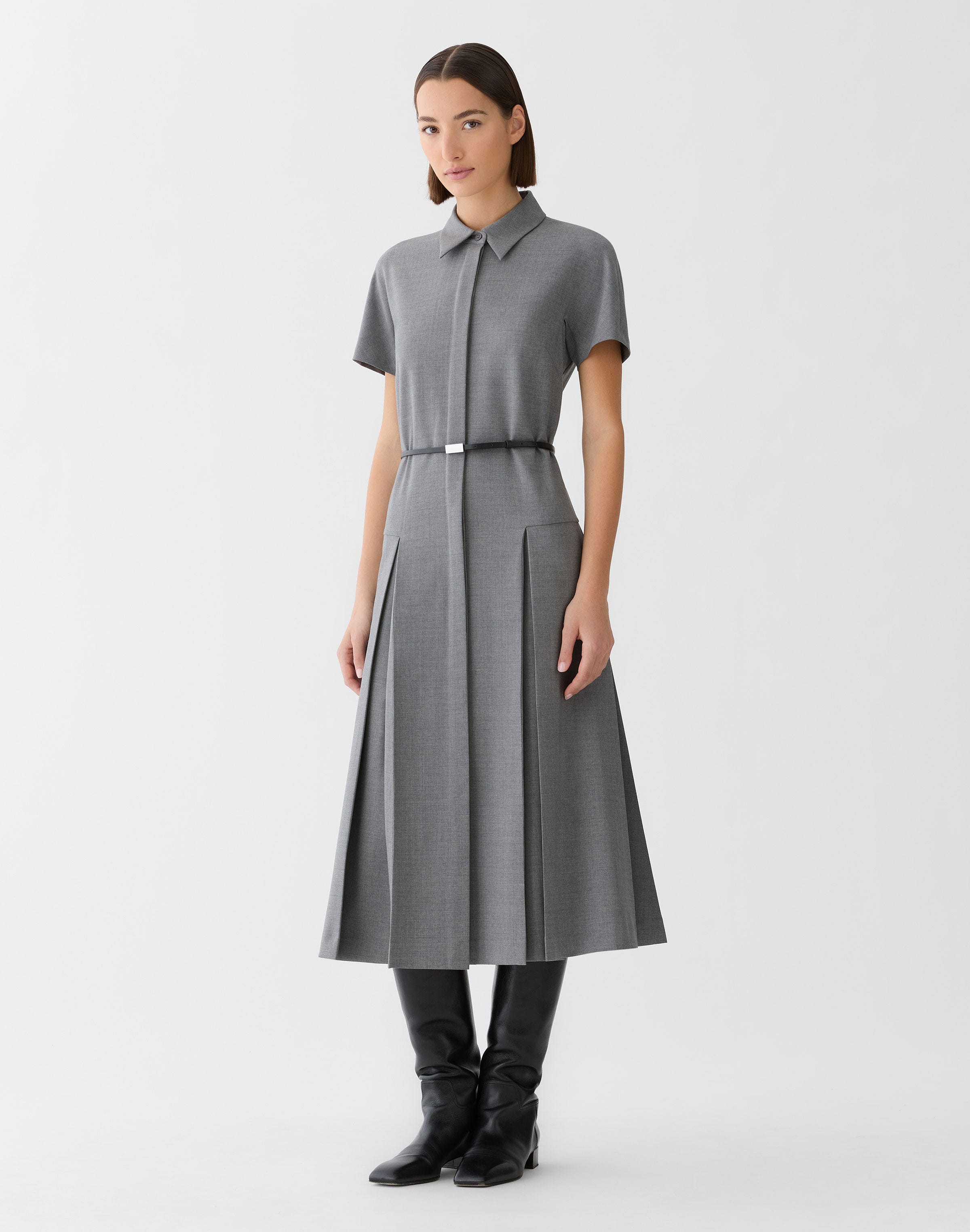 Responsible Stretch Wool Belted Pleated Dress