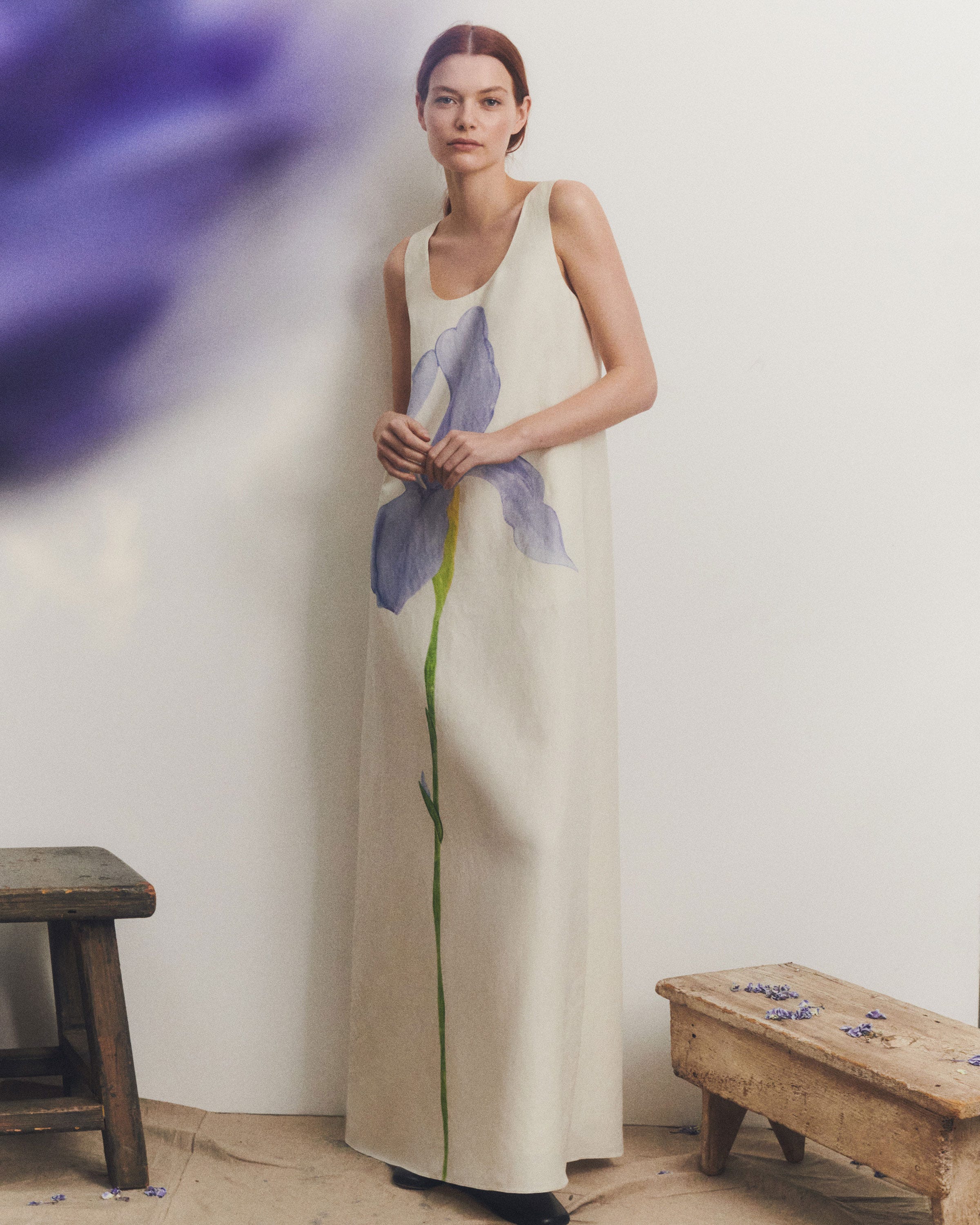 Iris Print Silk-Linen Gown