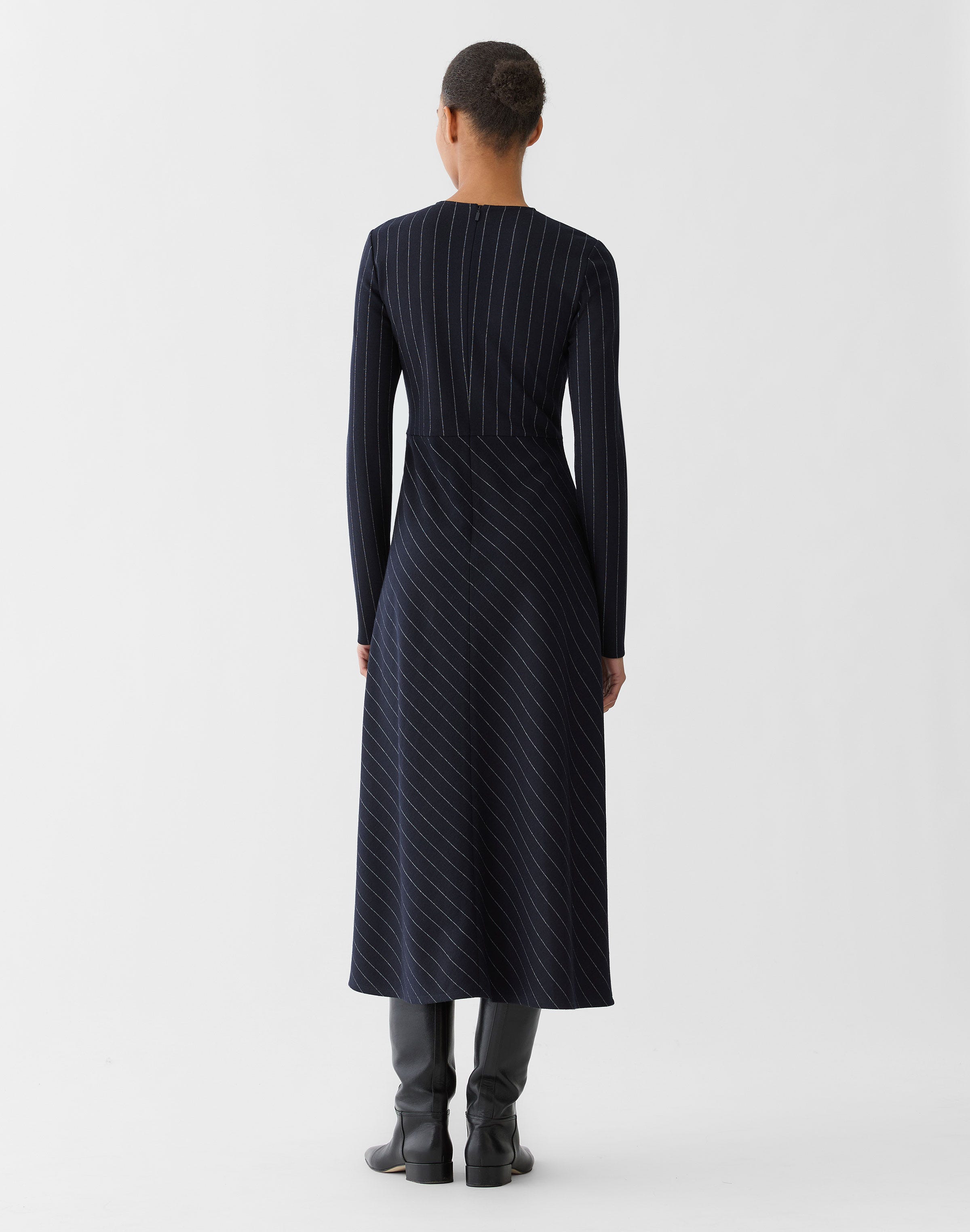 Pinstripe Wool Jersey Long Sleeve Dress