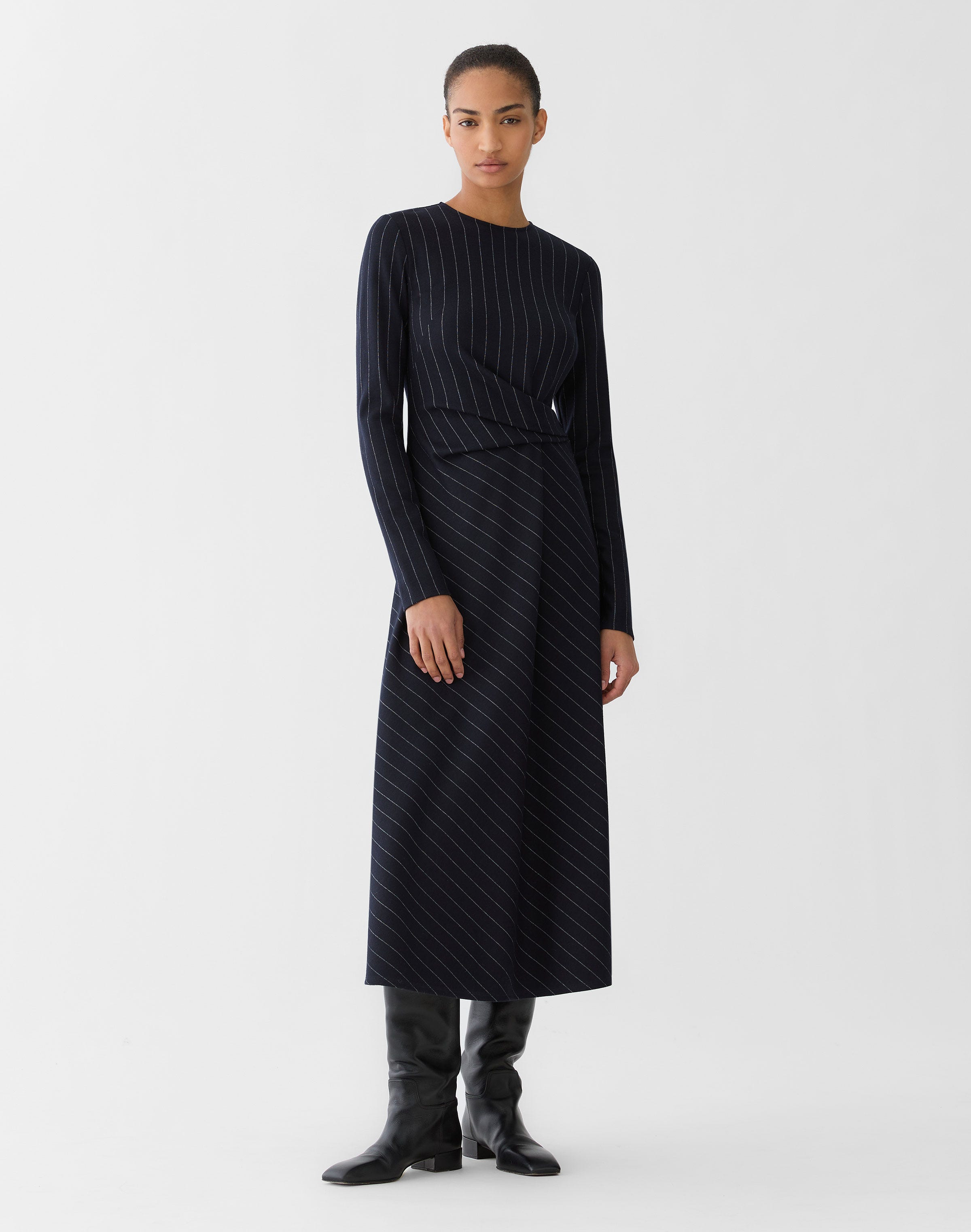 Pinstripe Wool Jersey Long Sleeve Dress