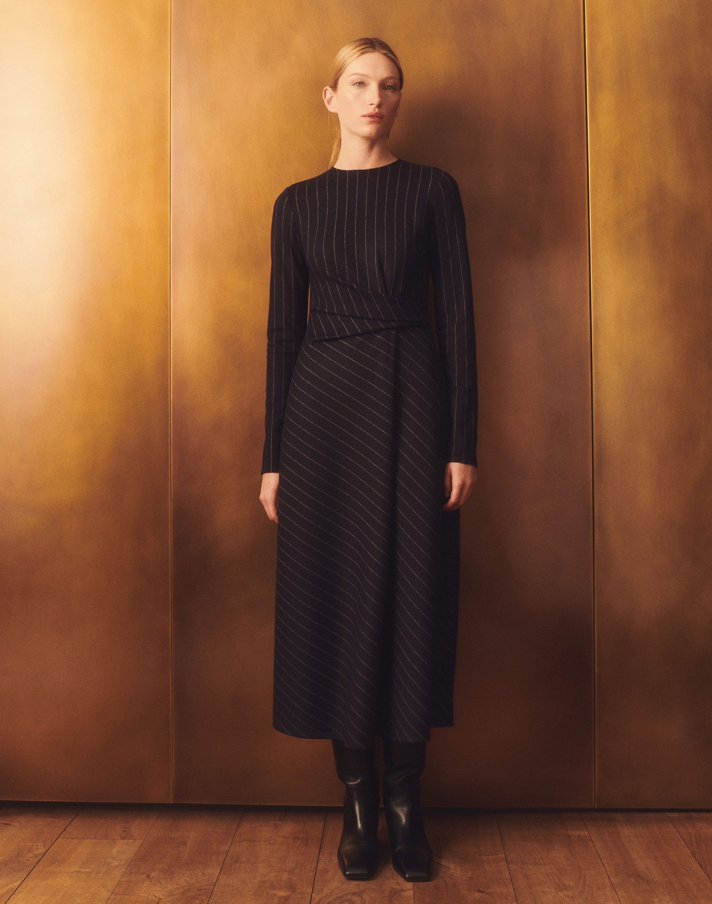 Pinstripe Wool Jersey Long Sleeve Dress