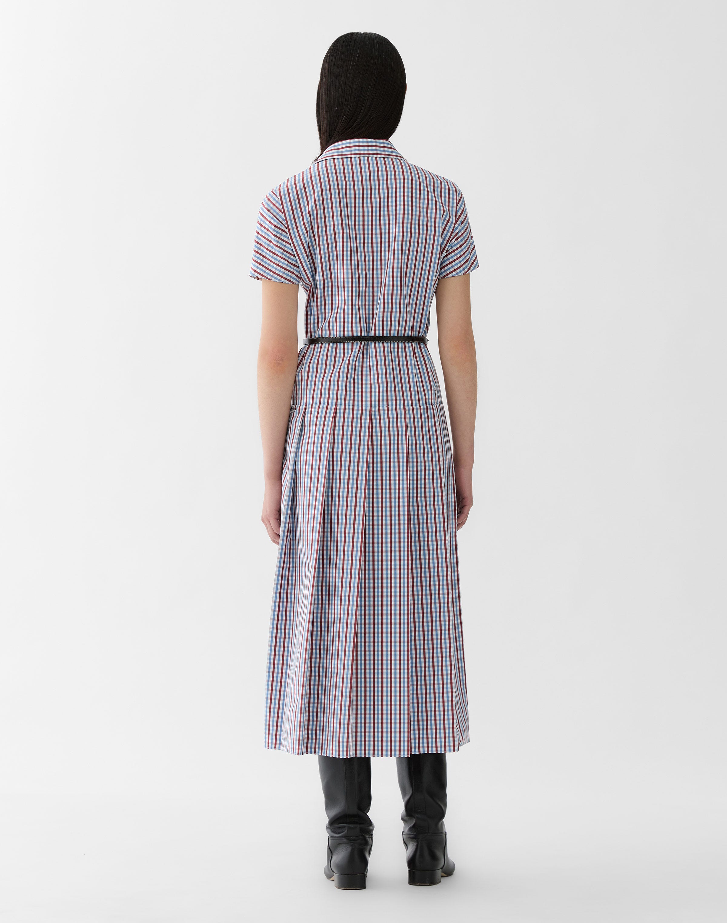 Gingham Cotton Belted Pleated Shirtdress