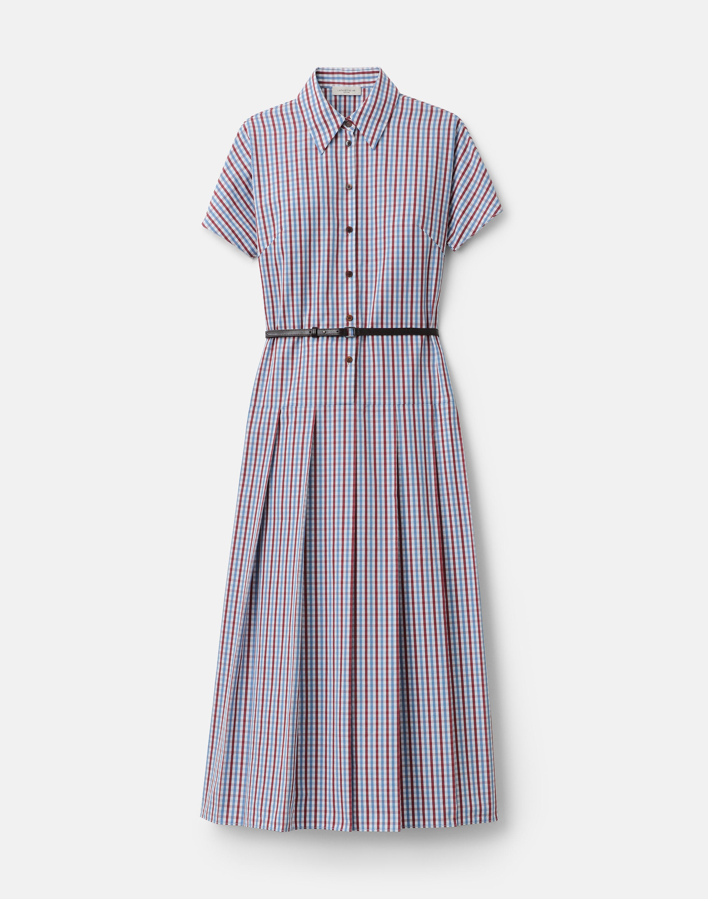 Gingham Cotton Belted Pleated Shirtdress