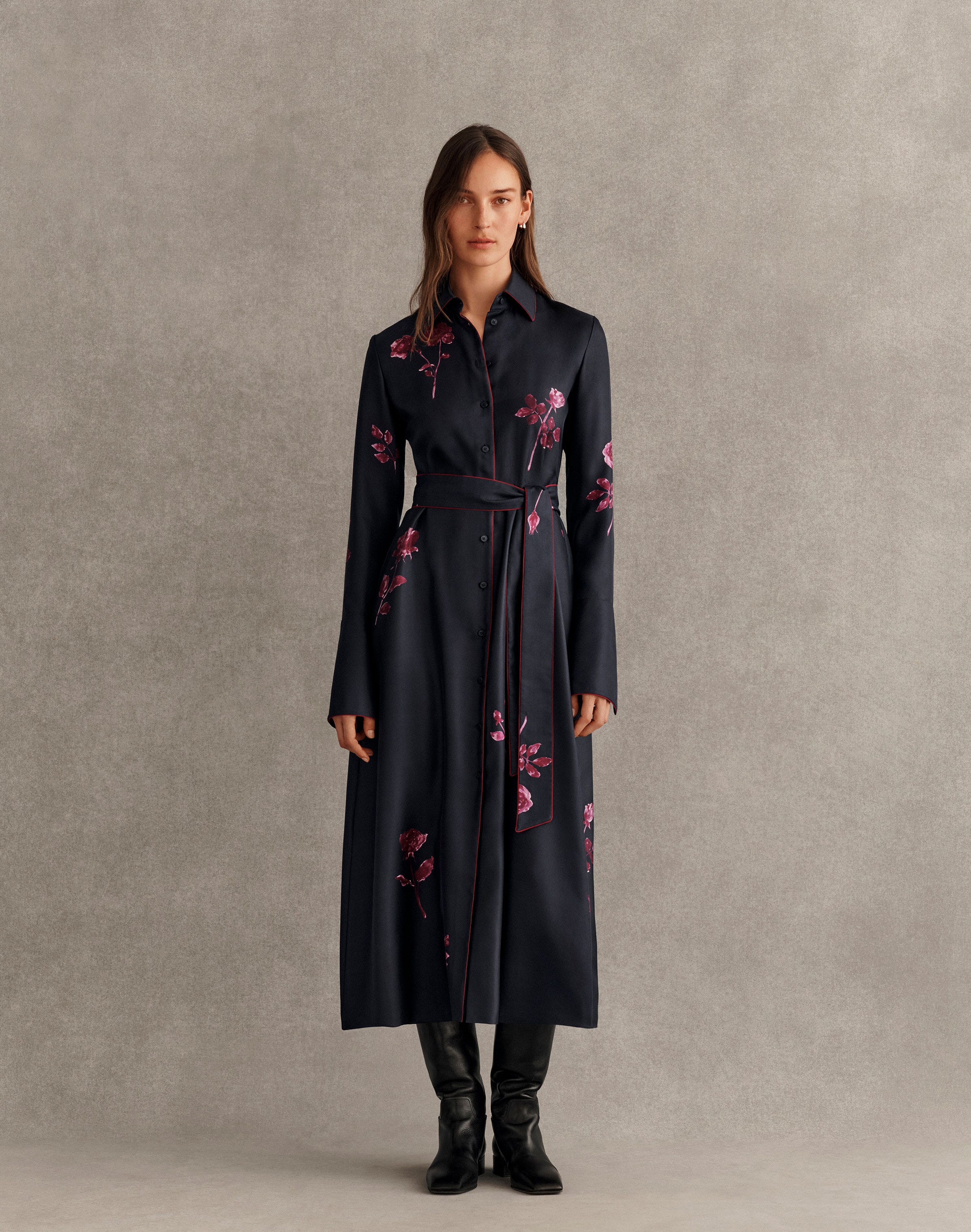 Petite Rose Print SilkTwill Belted Shirtdress
