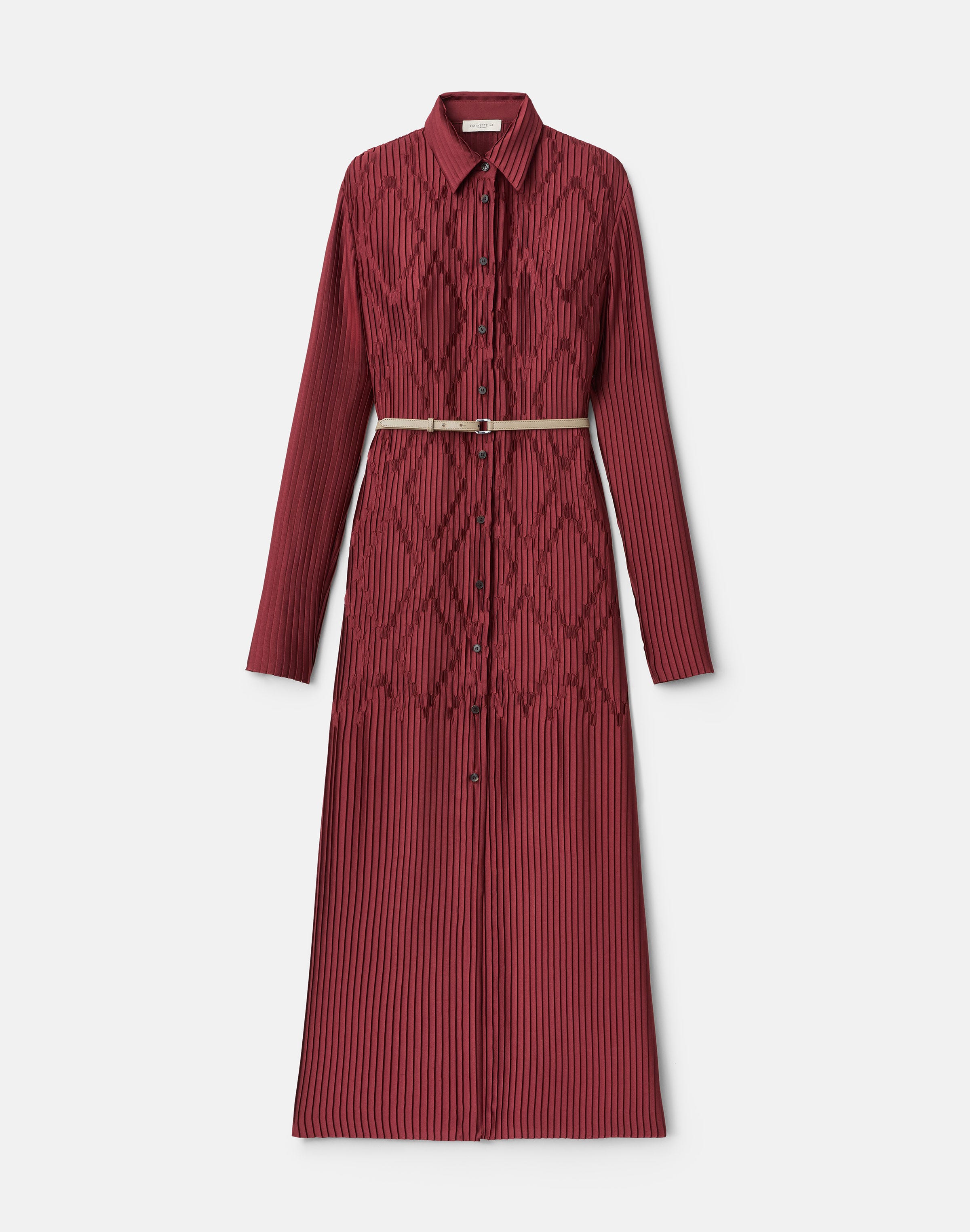 Geo Satin Plissé Belted Shirtdress