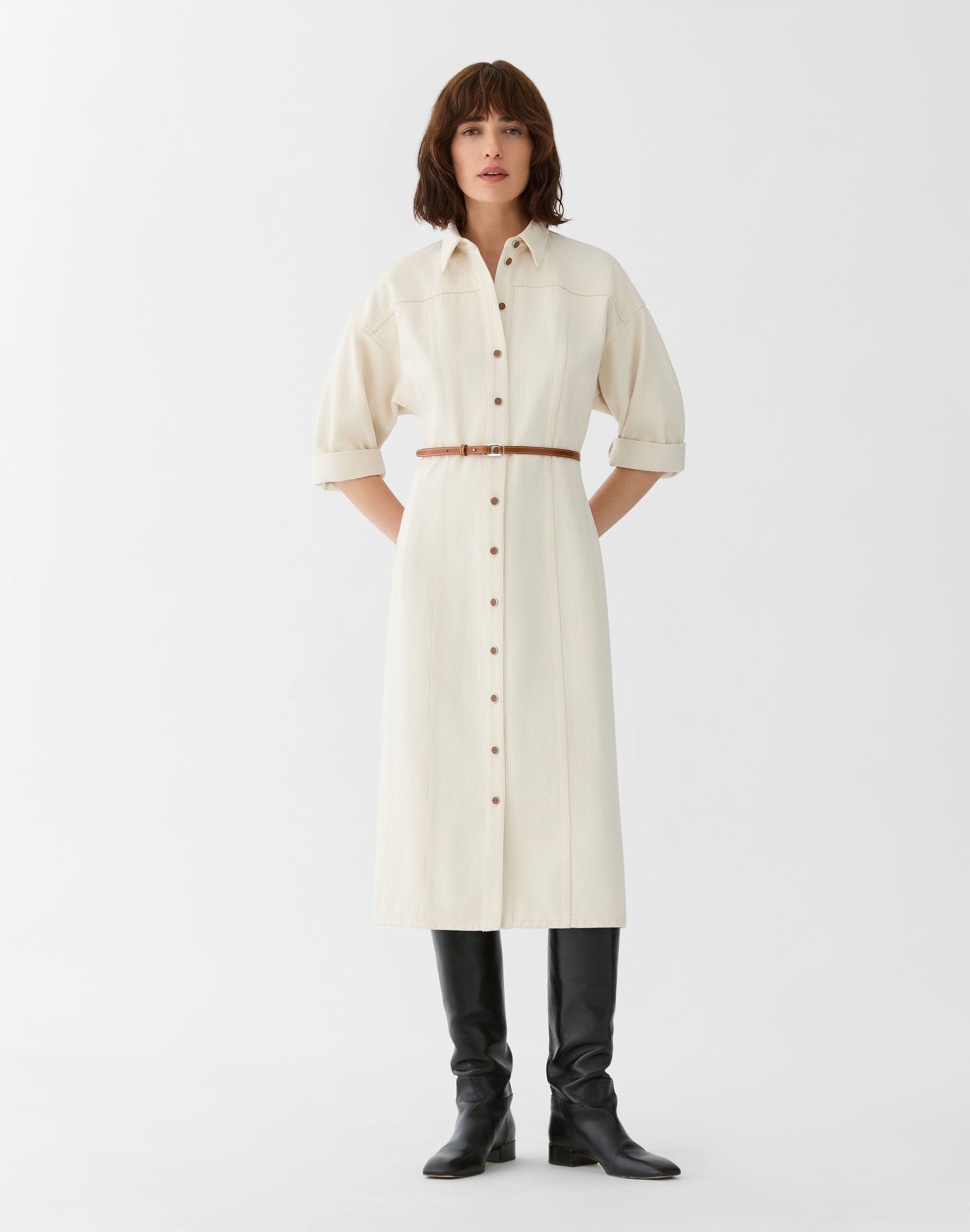 L148 Denim Belted Midi Shirtdress