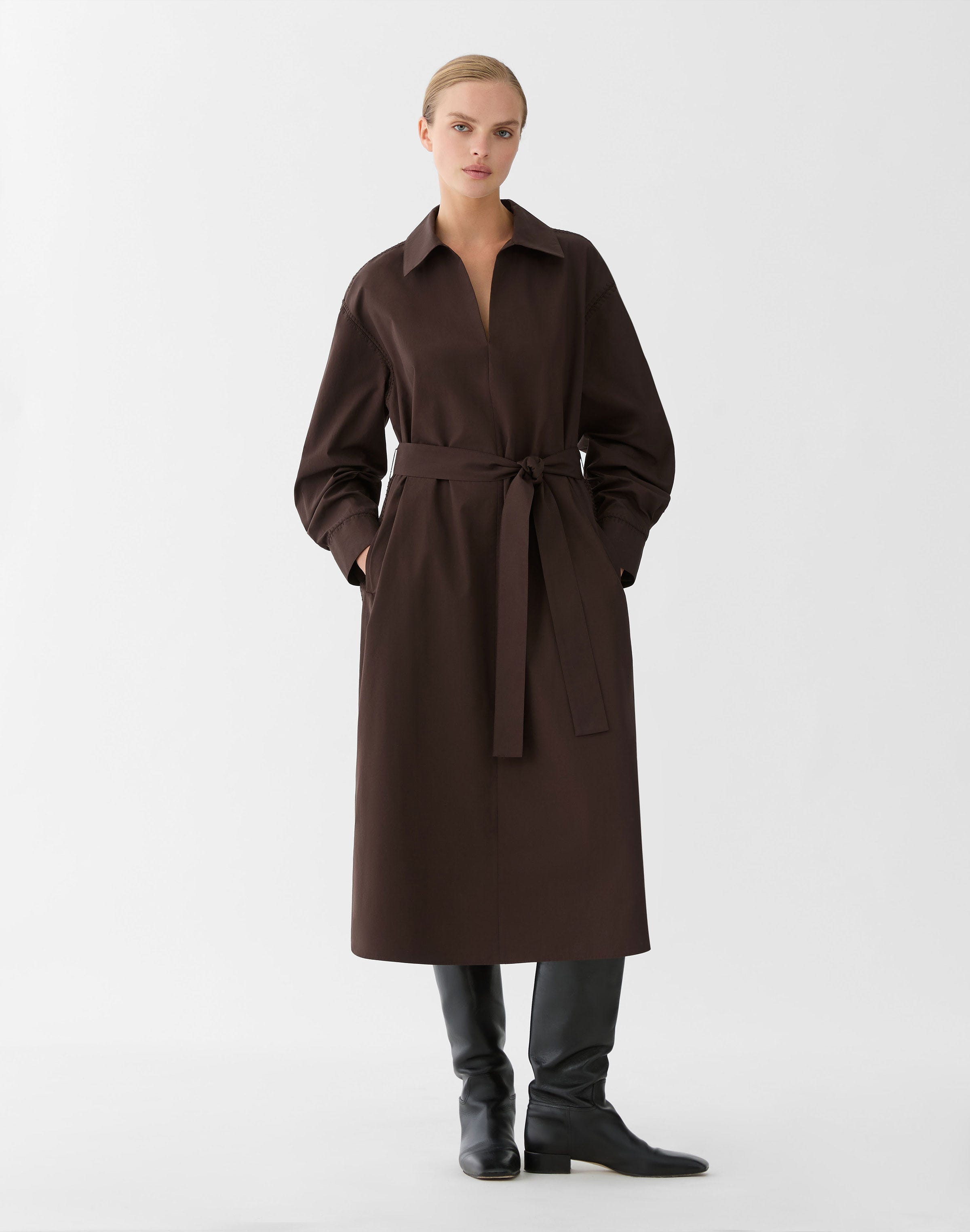 Organic Cotton Poplin Whipstitch Belted Shirtdress