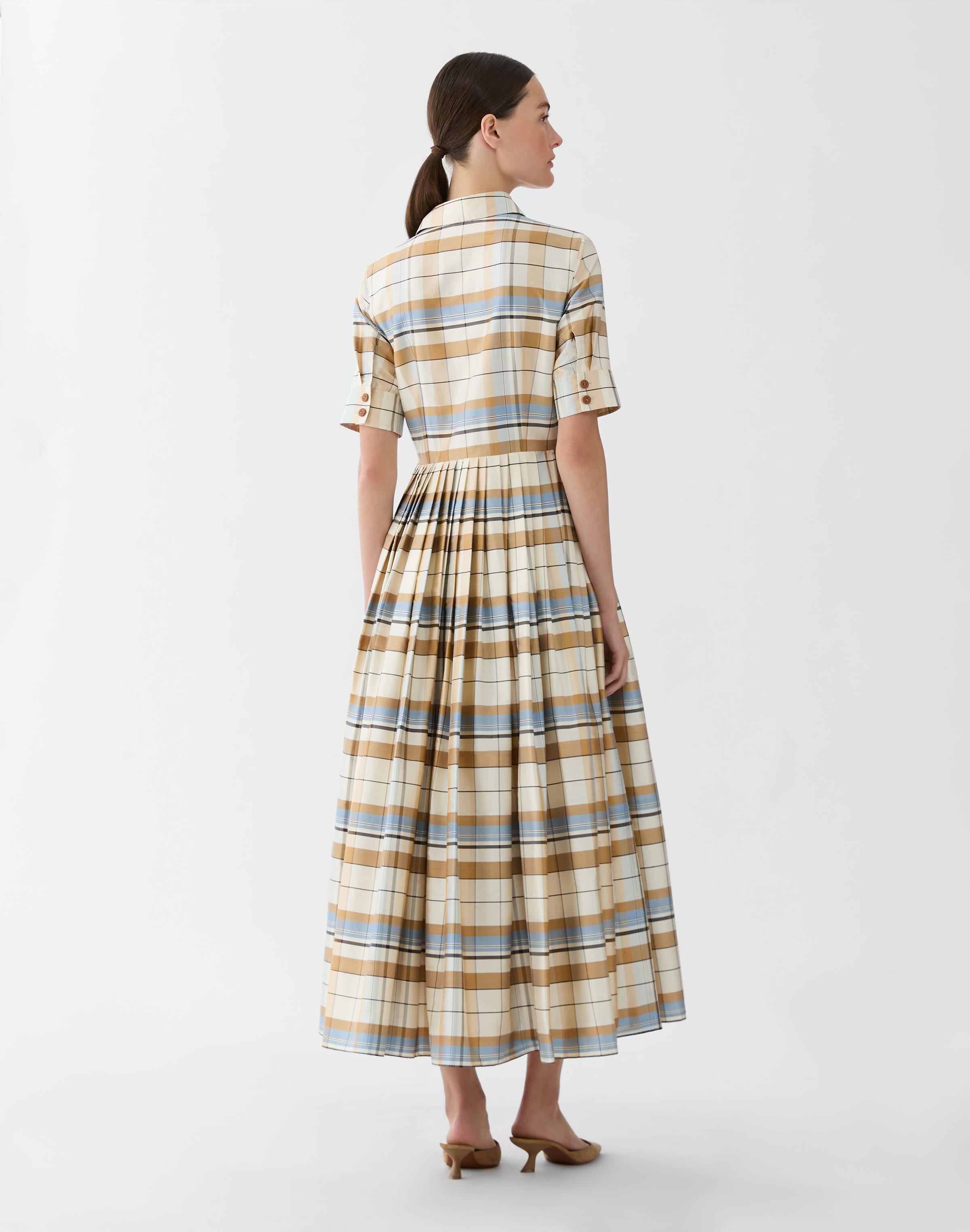 Plaid Silk Pleated Shirtdress
