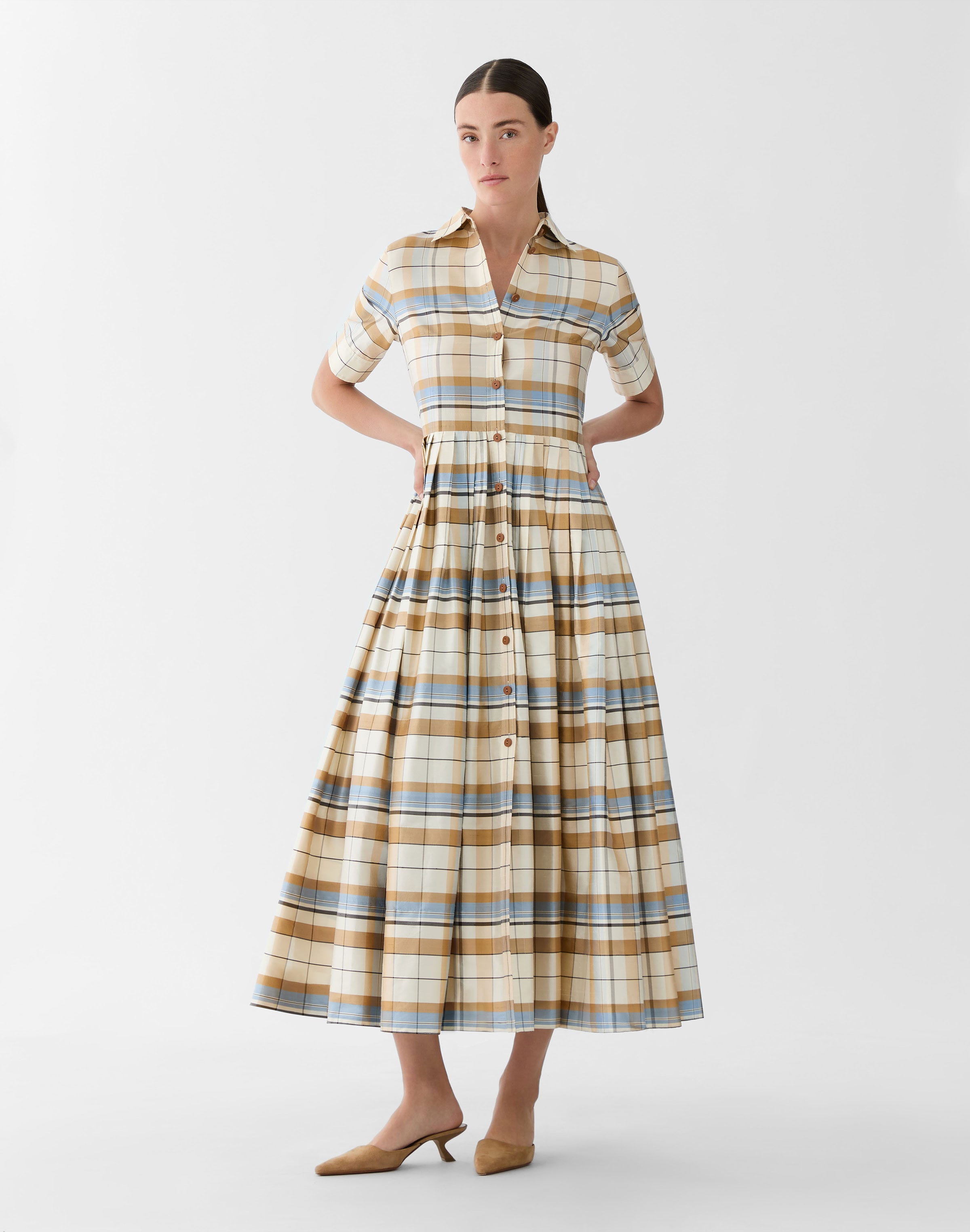 Plaid Silk Pleated Shirtdress