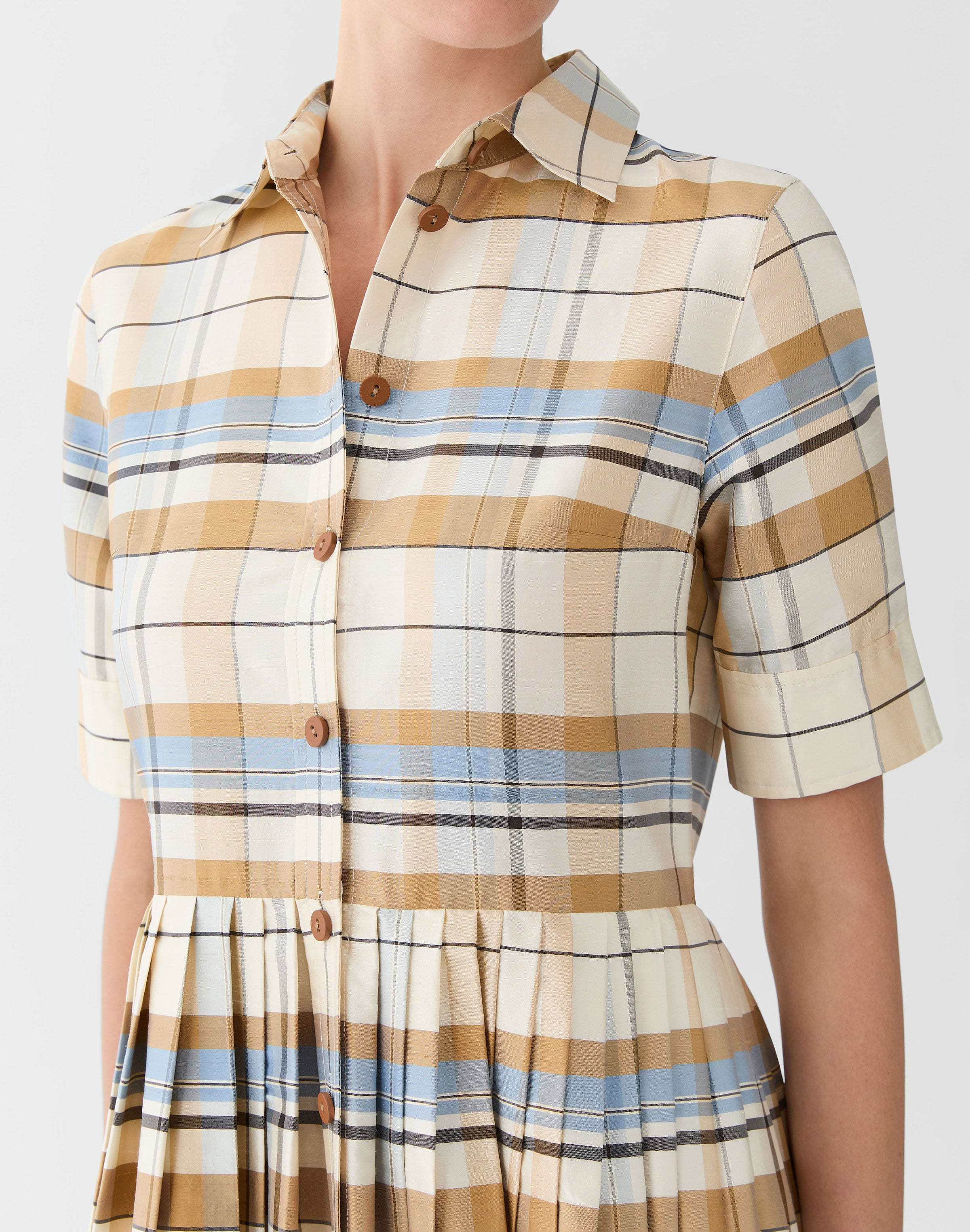 Plaid Silk Pleated Shirtdress